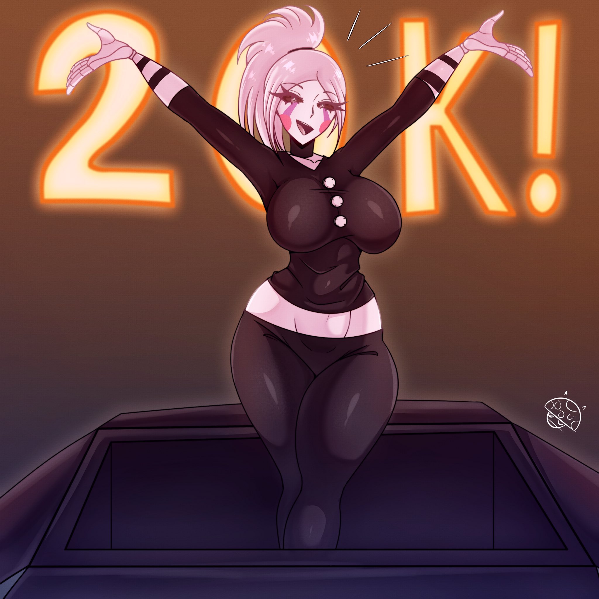 !, 1girls, ass, big ass, big body, big booty, big bottom, big breasts, big butt, big thighs, black clothes, black clothing, black eyebrows, black eyes, black eyeshadow, black-eyed female, box, breasts, buttons, doll joints, female, five nights at freddy's, five nights at freddy's 2, five nights in anime, fnia, happy, happy female, jukebox, jumping, marionette (fnaf), puppet, puppet (fnaf), puppet (fnia), scottgames, solo, tr yithaz, white body, white hair, white skin