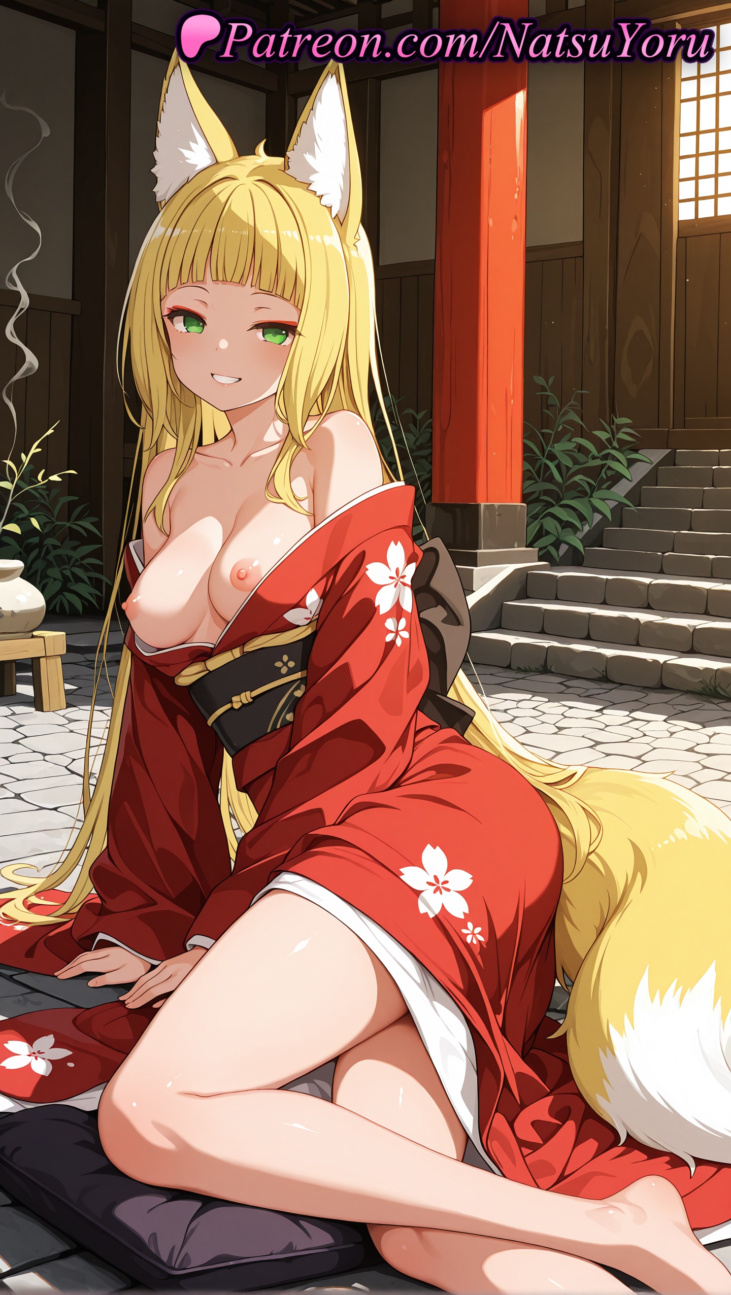 1girls, 2025, ai assisted, ai generated, animal ears, anime, anime style, bangs, bare shoulders, barefoot, blonde hair, blunt bangs, breasts, collarbone, dungeon ni deai wo motomeru no wa machigatteiru darou ka, east asian architecture, female, floral print, fox ears, fox girl, fox tail, green eyes, grin, hi res, high quality, high resolution, highres, japanese clothes, kimono, large breasts, long hair, looking at viewer, medium breasts, natsuyoru, nipples, obi, off shoulder, patreon, red kimono, sanjouno haruhime, sash, sitting, smile, solo, stable diffusion, tail, voluptuous, voluptuous female, wafuku