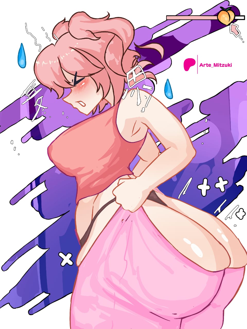 1girls, artemitzuki (artist), ass, blush, bubble butt, doki doki literature club, female, frustrated, huge ass, natsuki (doki doki literature club), pink hair, wardrobe malfunction