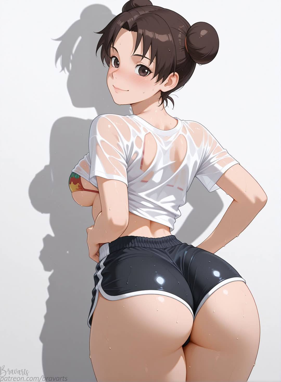 1girls, ai generated, ass, ass focus, big ass, big butt, bikini, bikini top, bikini under clothes, bravarts, breasts, brown eyes, brown hair, bubble ass, bubble butt, cleavage, crop top, female, female focus, female only, hair bun, hi res, high resolution, highres, large ass, light skin, light-skinned female, looking at viewer, looking back, naruto, naruto (classic), naruto (series), naruto shippuden, pale skin, pale-skinned female, patreon username, pinup, presenting ass, presenting butt, see-through, see-through clothing, short hair, shorts, shounen jump, shueisha, sideboob, small breasts, solo, solo female, solo focus, tenten, tied hair, very high resolution, watermark, weekly shonen jump, wet, wet body, wet shirt, wet skin, white background