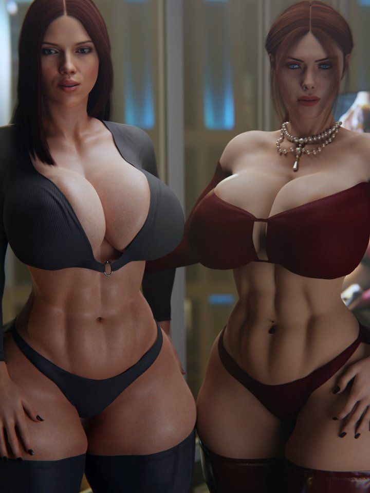 2girls, 3d, 3d (artwork), abs, artist request, black widow (marvel), breasts, cleavage, curvaceous figure, curvy figure, female, huge breasts, marvel, marvel comics, mature female, natasha romanoff, panties, scarlett johansson, thick thighs