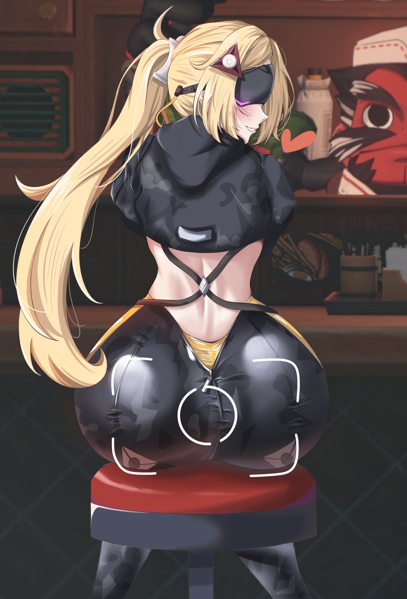 1girls, ass, big ass, blonde hair, bubble ass, bubble butt, camera, camouflage pants, dr p1ankt0n, fat ass, female, female only, huge ass, large ass, looking at viewer, looking back, sitting, sitting on chair, soldier, solo, stool, thick ass, thick thighs, trigger (zenless zone zero), visor, wide hips, zenless zone zero