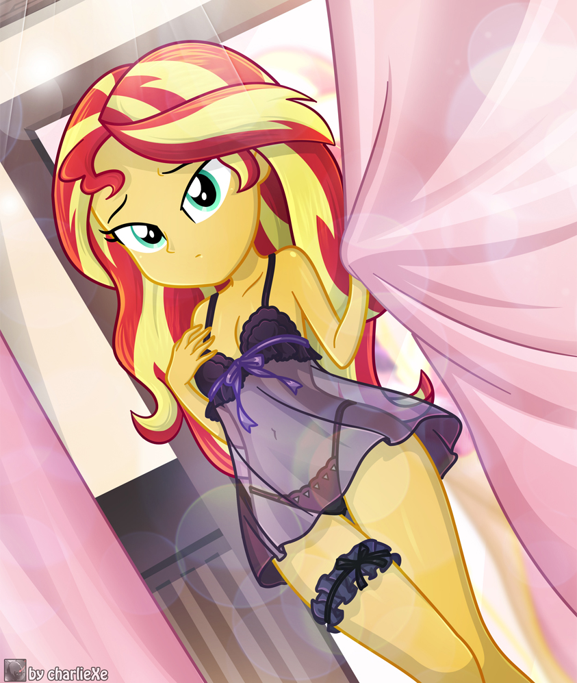 1girls 2020 2020s artist_name bare_legs bare_shoulders breasts charliexe collarbone curtains equestria_girls eyelashes female friendship_is_magic garter green_eyes hasbro indoors lingerie long_hair looking_at_viewer medium_breasts my_little_pony negligee orange_skin red_hair see-through see-through_clothing solo standing sunset_shimmer teenage_girl teenager two_tone_hair young