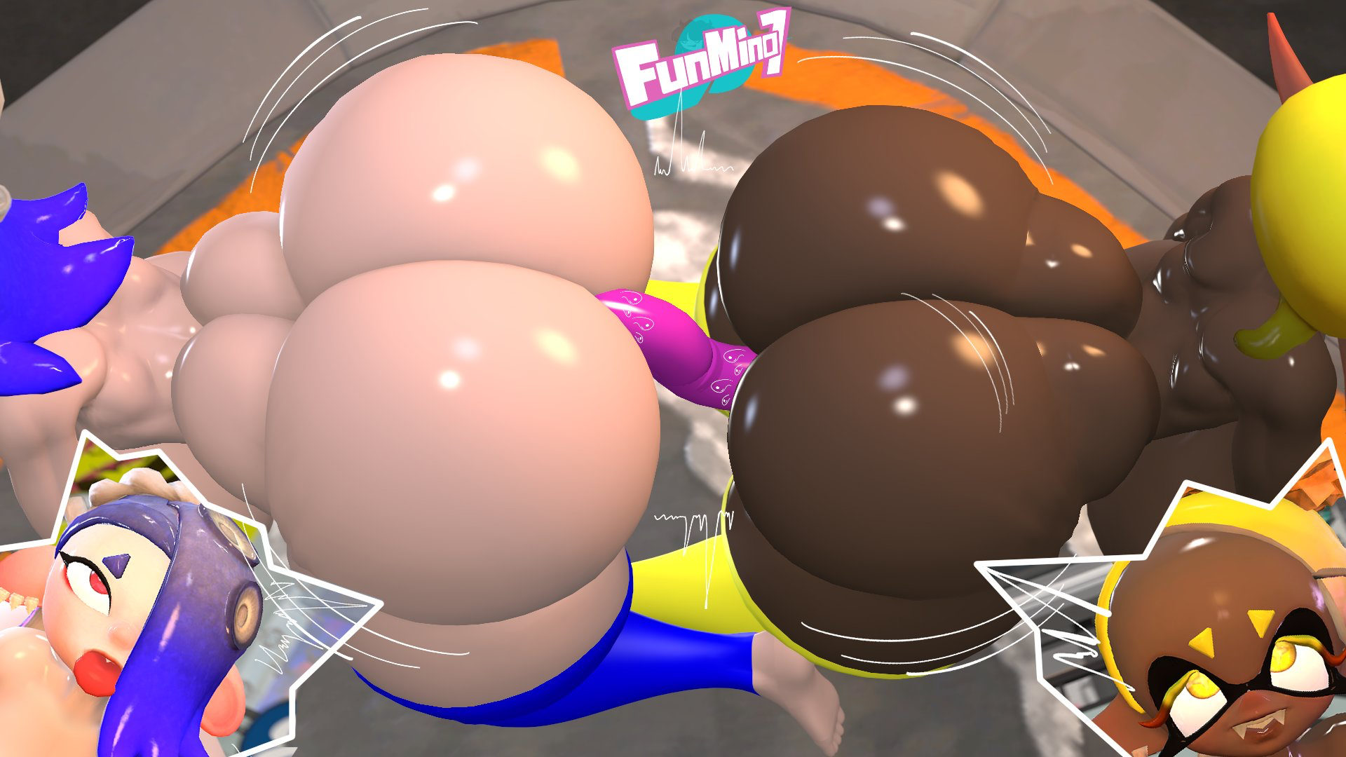 2girls, 3d, 3d (artwork), alternate version available, ass, big ass, dark skin, dark-skinned female, female, female only, frye (splatoon), full body, funmina, light skin, light-skinned female, nintendo, nude, nude female, shiver (splatoon), splatoon, splatoon 3, thighhighs, yuri