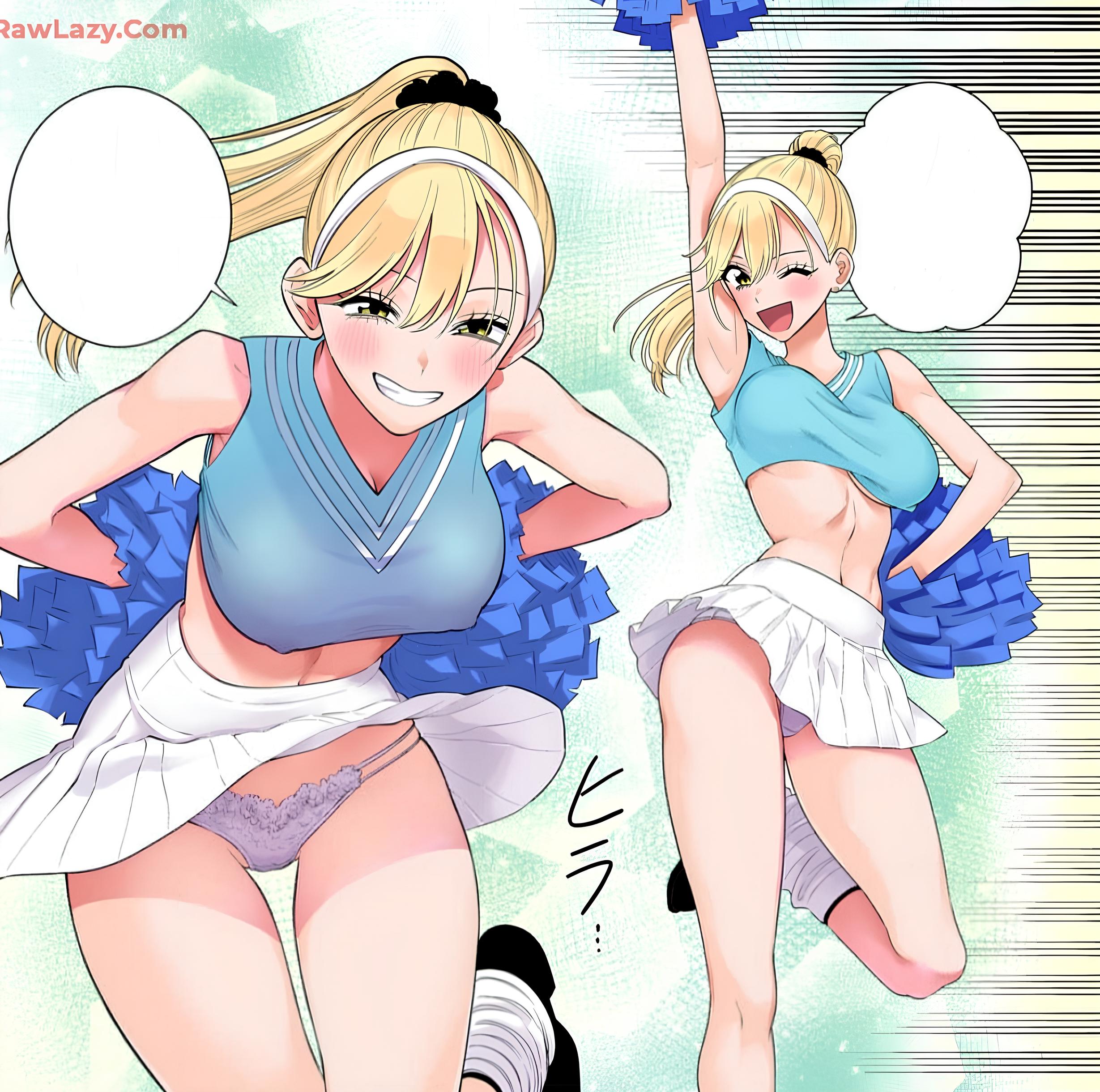 2.5 jigen no ririsa, armpits, bare arms, bare belly, bare legs, bare shoulders, bare thighs, big breasts, blonde hair, blush, bouncing breasts, breasts, cheerleader uniform, cleavage, cosplay, female, green eyes, gyaru, hair scrunchie, hairband, hashimoto yuu, kisaki aria, lace-trimmed panties, manga, midriff, nipples visible through clothing, official art, one eye closed, open mouth, panties, pantyshot, parted lips, ponytail, shoes, skirt, sleeveless shirt, smile, socks, thick thighs, thighs, toned female, underwear, white panties, white socks, wink