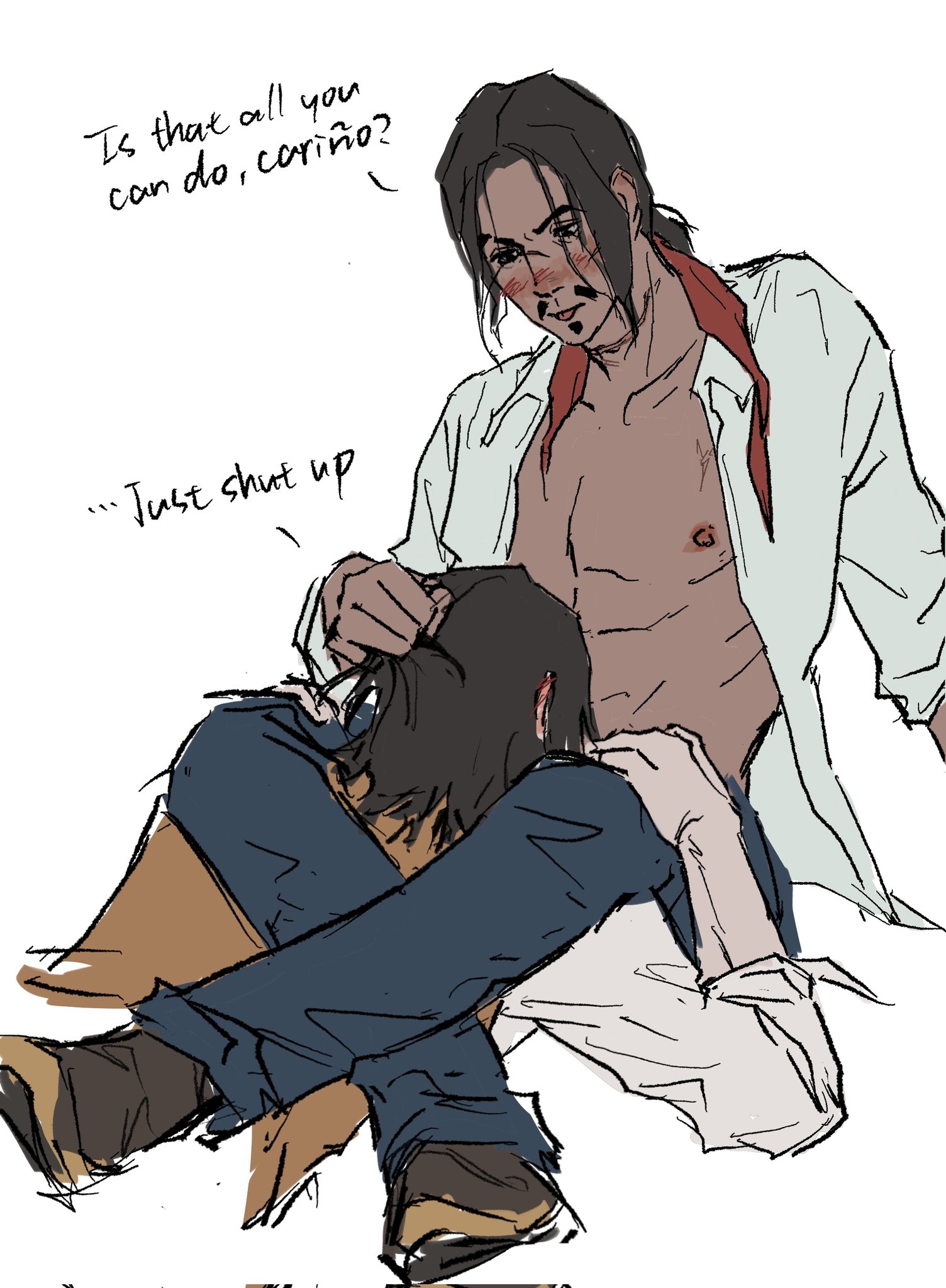 2boys, beard, blowjob, blush, color, dominant male, english text, facial hair, gay, giving head, holding, holding thigh, hydroxidemango, implied fellatio, implied oral, javier escuella, john marston, legs crossed, legs on shoulders, legs over partner's shoulders, male, male only, male/male, moustache, nipples, oral, oral sex, pecs, red dead redemption (series), red dead redemption 2, spanish text, submissive male, sucking, tongue, tongue out, white background, wholesome, yaoi