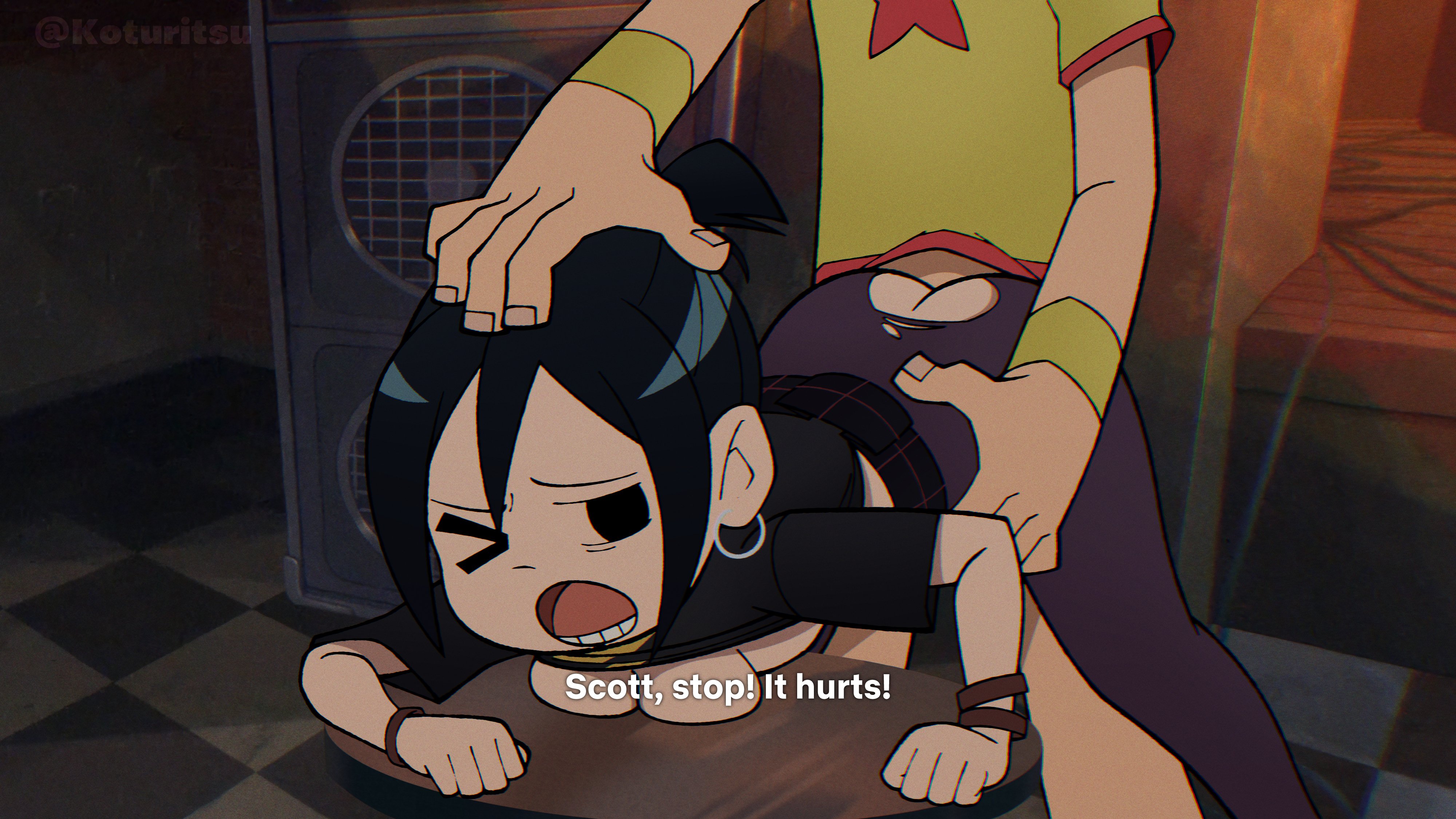 1boy, 1girls, against table, ass, black hair, dialogue, doggy style, earrings, female, head grab, knives chau, koturitsu, male, partial male, rape, ripped clothing, scott pilgrim, scott w pilgrim, text, tights, wince