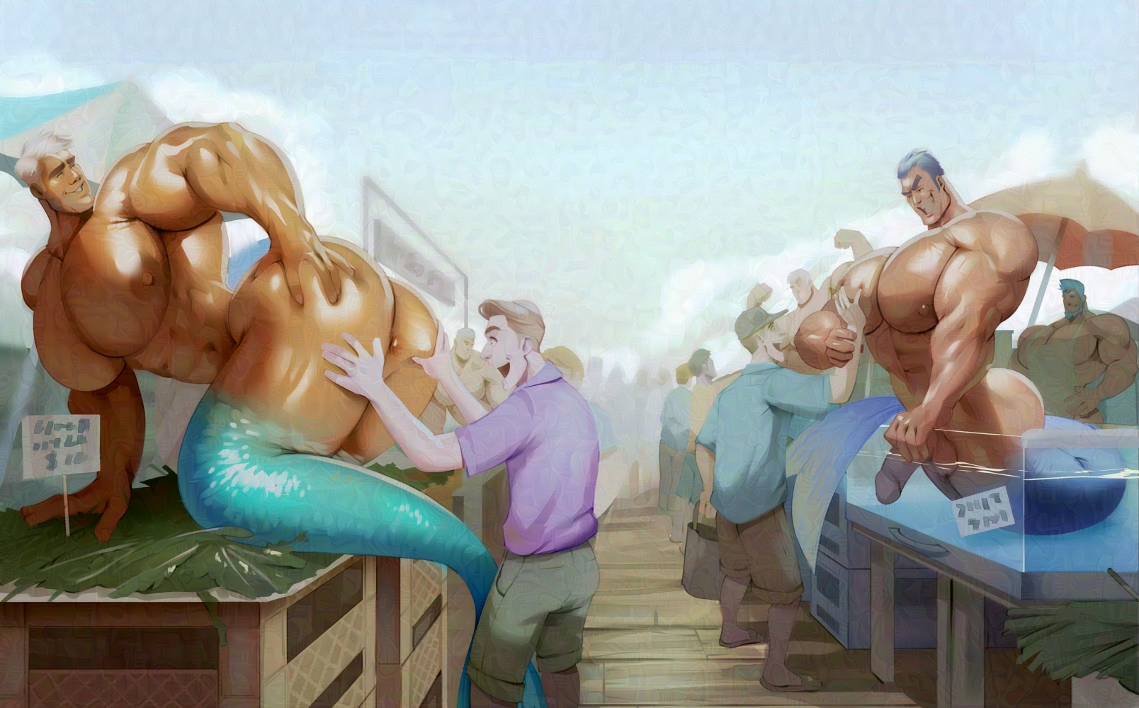 absolutbleu, balls, bara, breasts, gay, male, male only, merfolk, mermaid, mermaid tail, merman, muscular, muscular chest, muscular male, penis, presenting, presenting anus, presenting breasts, presenting hindquarters, presenting pecs, spreading ass, squeezing pec, squeezing pecs, yaoi