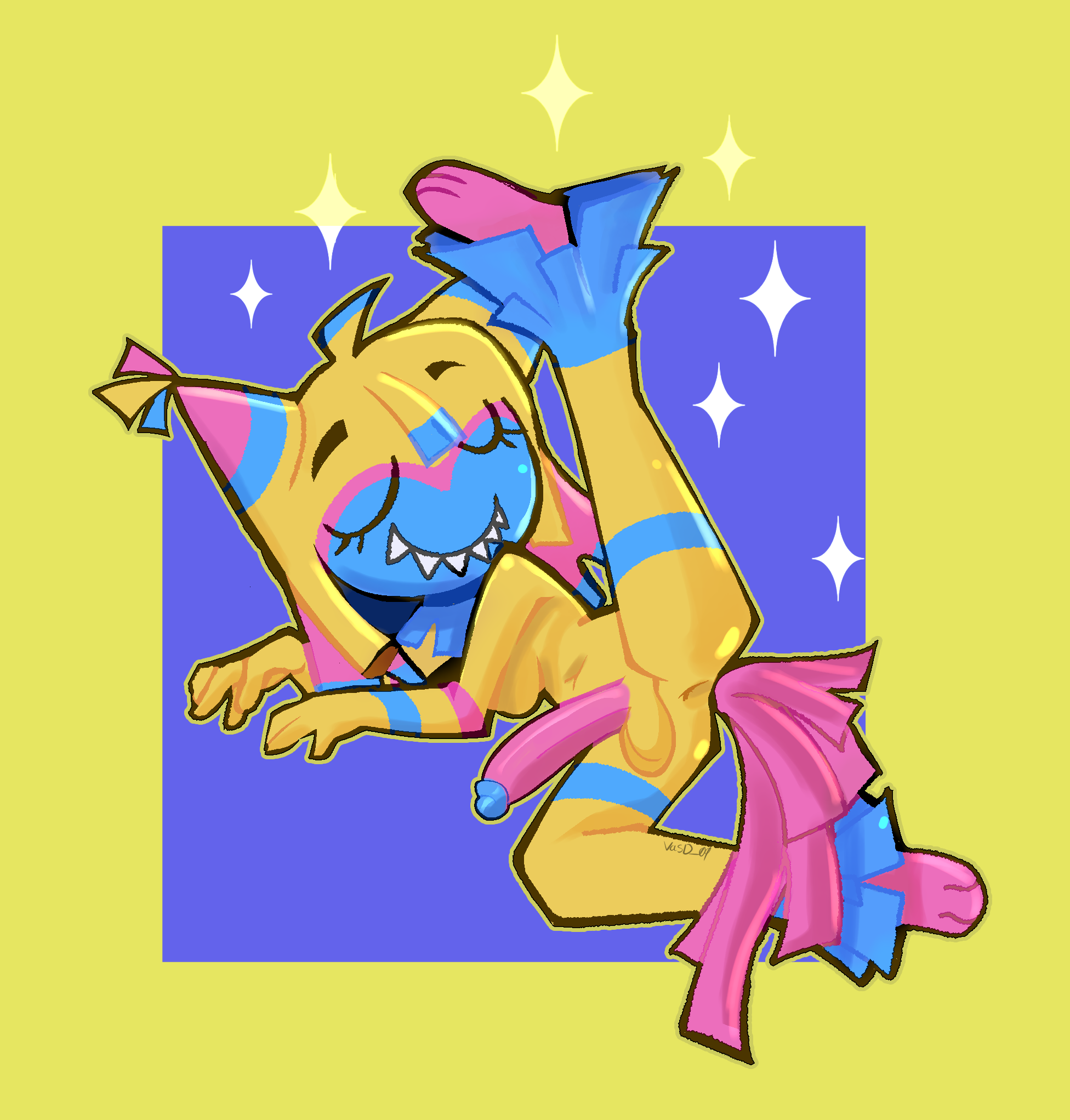 anus, balls, closed eyes, color, colored, creature, dandy's world, digital drawing (artwork), digital media (artwork), eyelashes, female, futa only, futanari, glistening, glistening butt, intersex, laying on side, legs up, penis, penis out, pinata, simple background, simple shading, smile, sparkle, teeth, vasdocor 09, yatta (dandy's world)