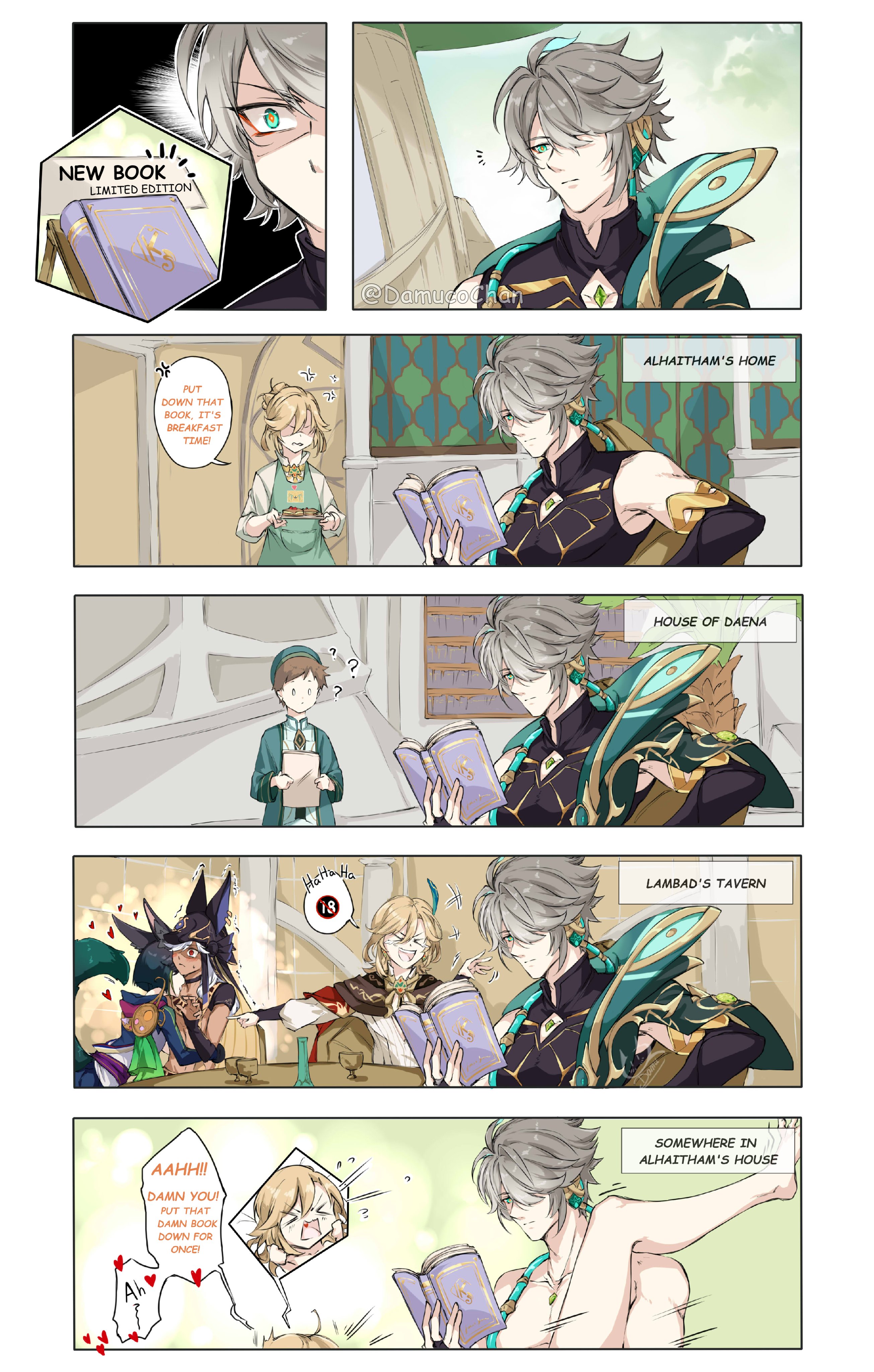 alhaitham (genshin impact), gay, genshin impact, implied sex, joke art, kamasutra, kaveh (genshin impact), male, male only, reading, yaoi