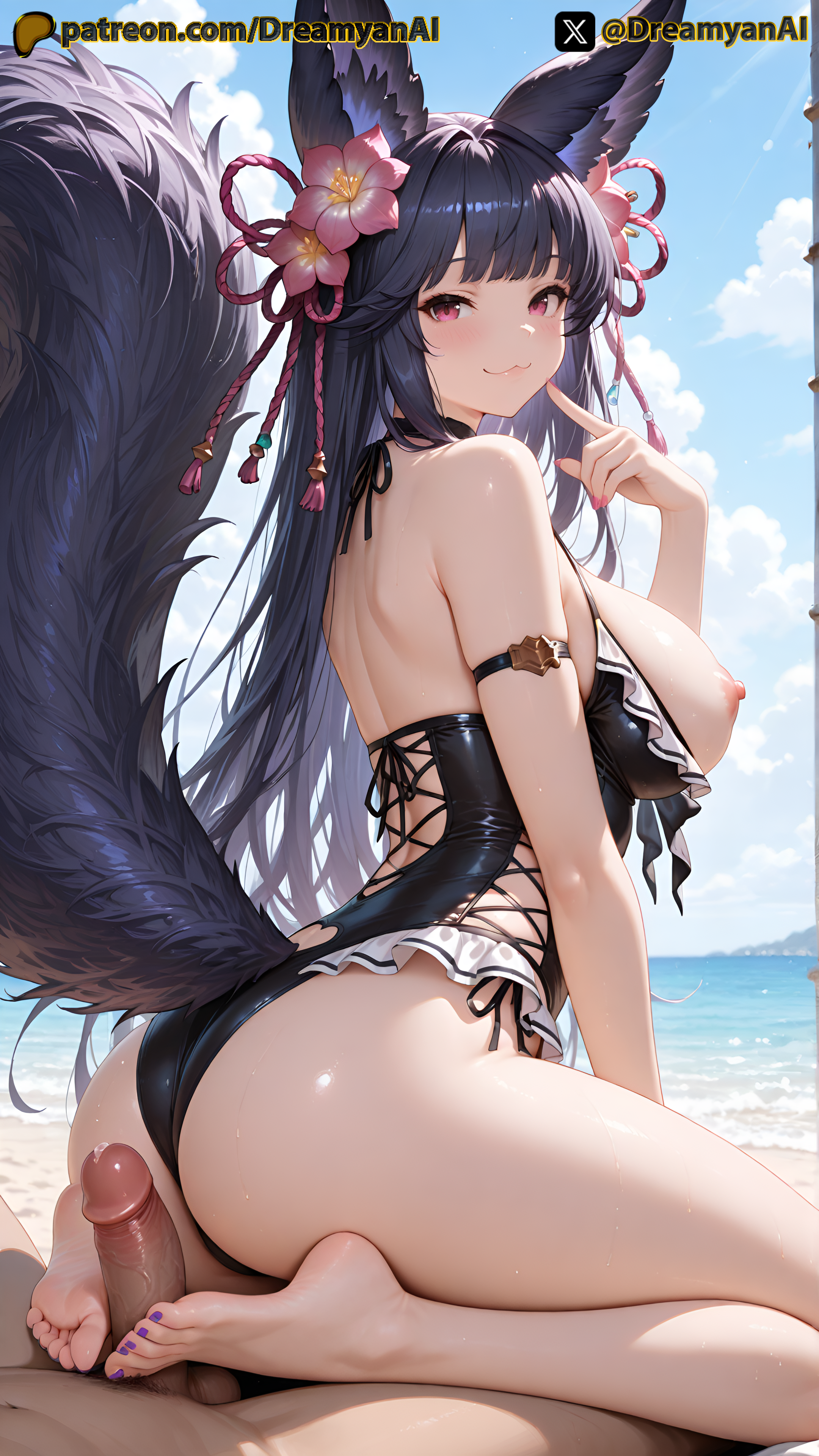 2025, ai, ai assisted, ai generated, animal ears, anime, anime style, artist name, ass, barefoot, beach, big tail, bikini, bikini bottom, bikini top, black fur, black hair, breasts, breasts out, dreamyan ai, erune, erune race (granblue fantasy), feet, female, fluffy ears, fluffy tail, footjob, granblue fantasy, hi res, high quality, high resolution, highres, huge tail, infit, long ears, long hair, long tail, looking at viewer, looking back, nipples, patreon, pink eyes, red eyes, seductive, seductive eyes, seductive look, seductive pose, seductive smile, smile, smiling, tail, thick ass, thick thighs, thighs, uncensored, white body, white skin, yuel (granblue fantasy)