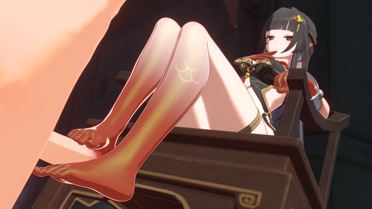 1boy, 1girls, bare legs, barefoot, erection, feet, feet on penis, female, foot fetish, footjob, honkai: star rail, hoyoverse, lingsha (honkai: star rail), male, mihoyo, penis, red eyes, red feet, red hands, red toenails, saucifer3d, sitting on chair, smirk, thighs, toes