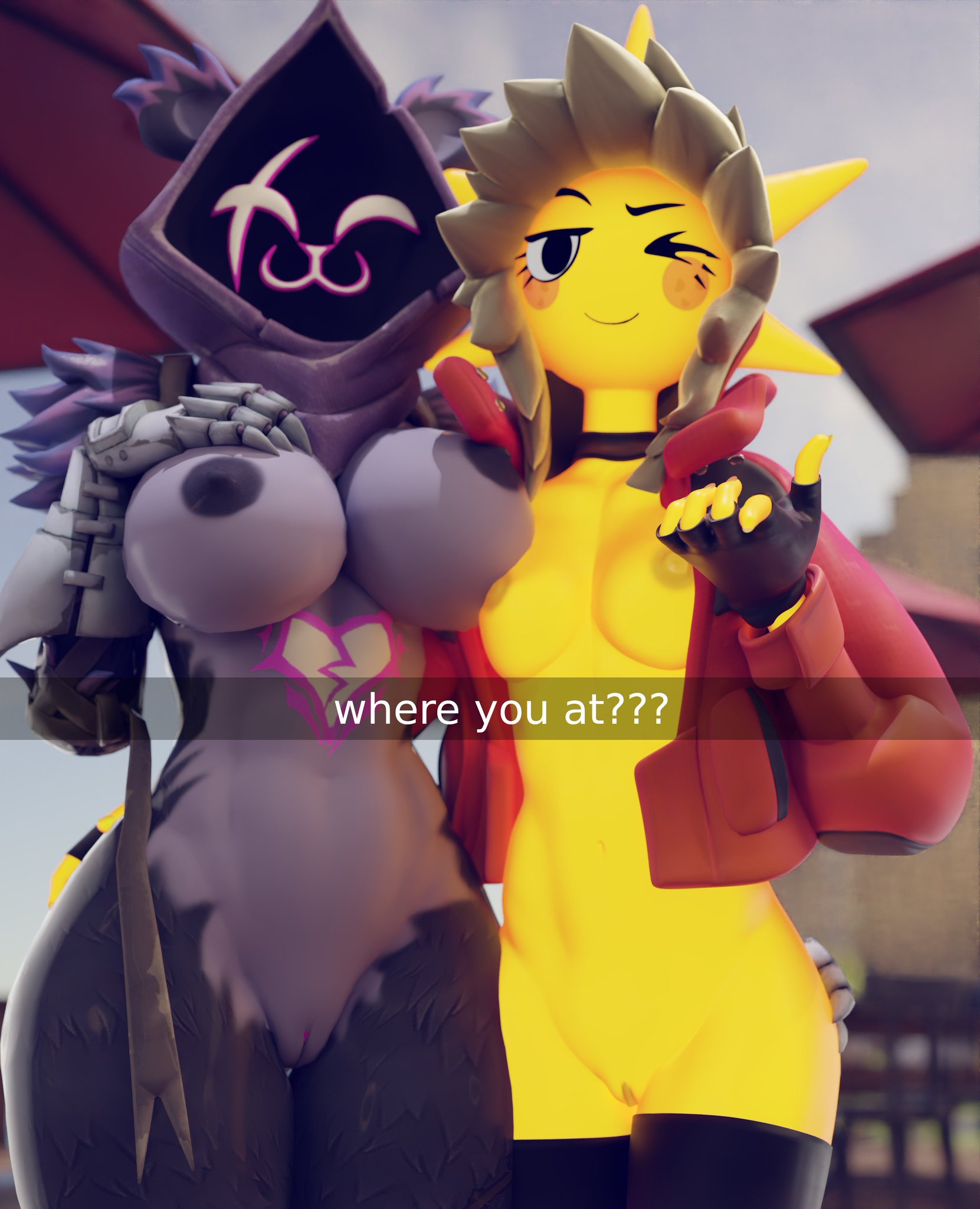 2025, 2025s, 2girls, 3d, 3d (artwork), 3d model, anthro, anthro female, anthrofied, areola, areolae, ass, beach, big ass, big breasts, big butt, black eyes, blender, breasts, choker, clitoral hood, clitoris, commission, crossgender, dialogue, elemental creature, elemental humanoid, english text, epic games, excited, female, female anthro, female focus, female only, fingerless gloves, fingers, fortnite, fortnite: battle royale, fur, furry, furry female, genderswap, genderswap (mtf), gloves, hood, hood up, horny female, humanoid, humanoid female, imminent sex, jacket, leggings, legwear, looking at viewer, looking pleasured, mtf crossgender, nipples, one eye closed, outside, pinup, purple areola, purple areolae, purple eyes, purple nipples, pussy, raven team leader, raven team leader (fortnite), rule 63, shiny body, shiny skin, smile, smiling, smiling at viewer, smug face, stupidroach, sunspot (fortnite), sunspot gal (pickle juice), text, thigh highs, thighhighs, thighs, twitter link, vagina, video games, yellow areola, yellow areolae, yellow body, yellow nipples, yellow skin