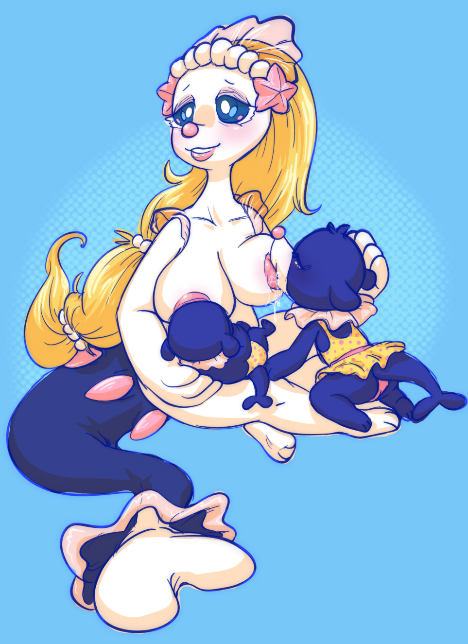 2019 accessory age_difference all_fours ambiguous_gender anthro anthrofied areola ass asterozoan baggy_eyes bags_under_eyes beads big_areola big_breasts blonde_hair blue_background blue_eyes blue_sclera blush bo_caroline bodily_fluids breast_play breast_suck breastfeeding breasts closed_eyes clothing collaborative collaborative_breastfeeding colored_sketch crossed_legs cub dress echinoderm female feral gem generation_7_pokemon group hair hair_accessory hair_beads head_grab hi_res lactating lips long_hair looking_away marine milf milk milk_drip mother nintendo nipple_fetish nipple_play nipple_suck nude offspring on_lap pearl_(gem) pink_areola pink_lips pink_nose plantigrade pokemon pokemon_(species) popplio primarina pseudo_clothing shiny_pokemon shiny_primarina simple_background sitting sketch smile starfish starfish_(accessory) sucking tourmalice yellow_clothing yellow_dress young