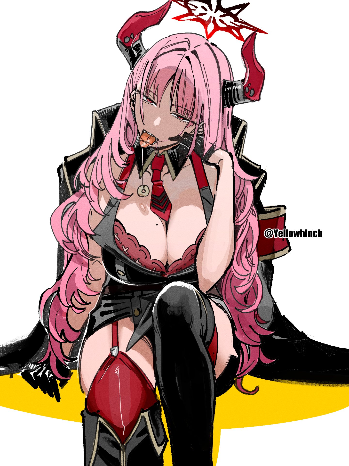 big breasts, blue archive, bra, breasts, coin on string, demon, demon girl, female, garter straps, gehenna academy student, gloves, halo, high resolution, horns, long hair, looking at viewer, mole on breast, otimusyairoha, pink hair, satsuki (blue archive), skirt, tongue, tongue out, uniform, video game character
