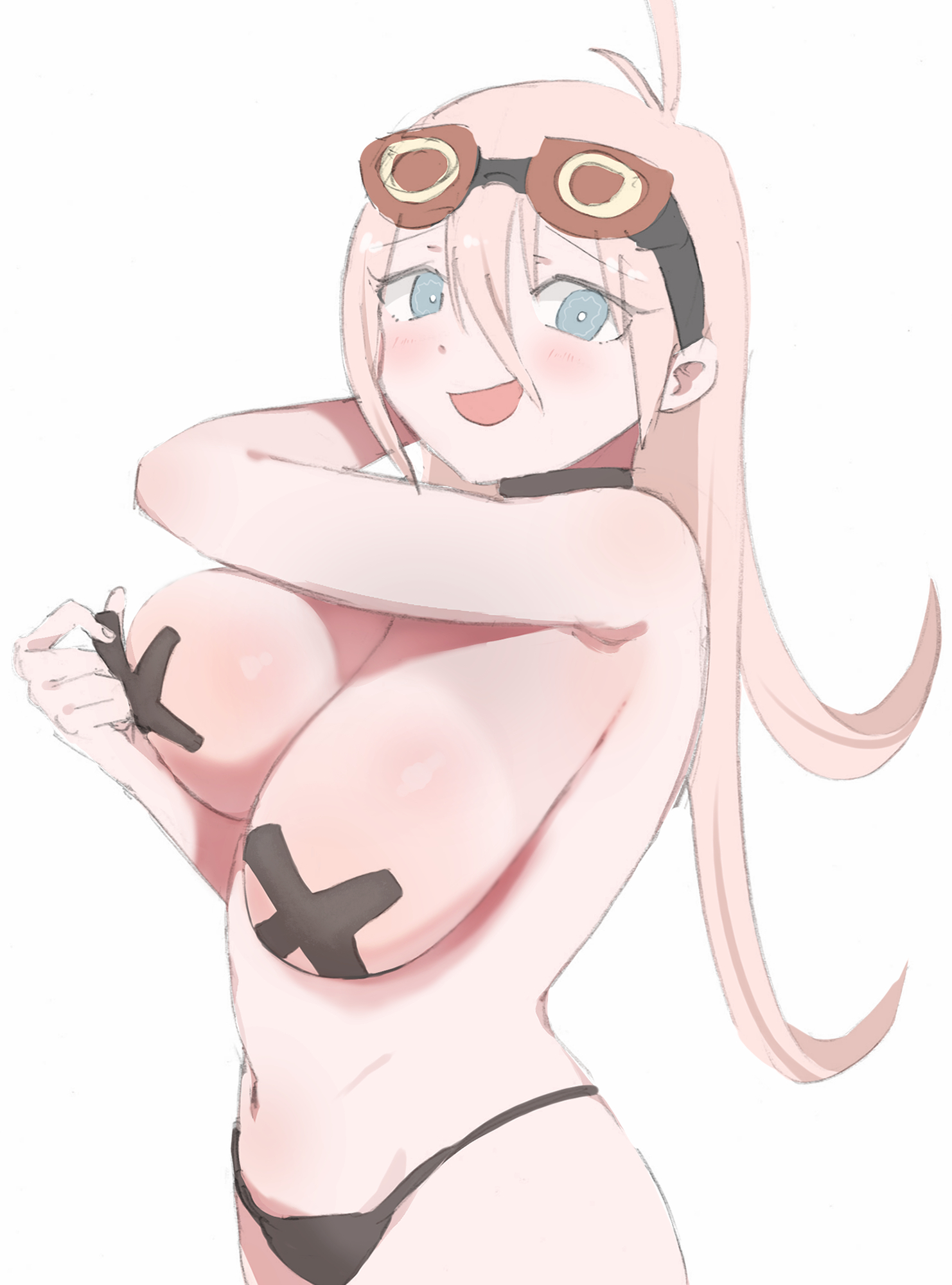 1girls, ahoge, blonde hair, blue eyes, blush, breasts, choker, dadadaeki00, danganronpa, danganronpa v3, female, female only, goggles, goggles on head, hair between eyes, iruma miu, large breasts, long hair, looking at viewer, pasties, removing pasties, simple background, smile, solo, underwear, x pasties