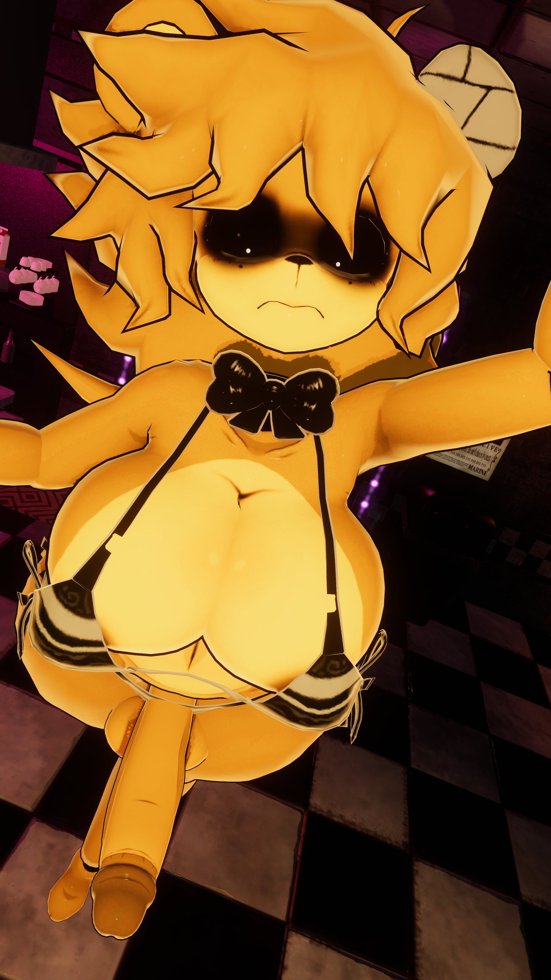 1futa, 3d, anthro, big breasts, big penis, bikini, black eyes, bowtie, breasts, five nights at freddy's, fnaf, fredina's nightclub, from above, furry, futa only, futanari, golden freddy (fnaf), golden fredina (cally3d), intersex, looking at viewer, penis, sloppydragons, solo, tagme, type 0, vrchat