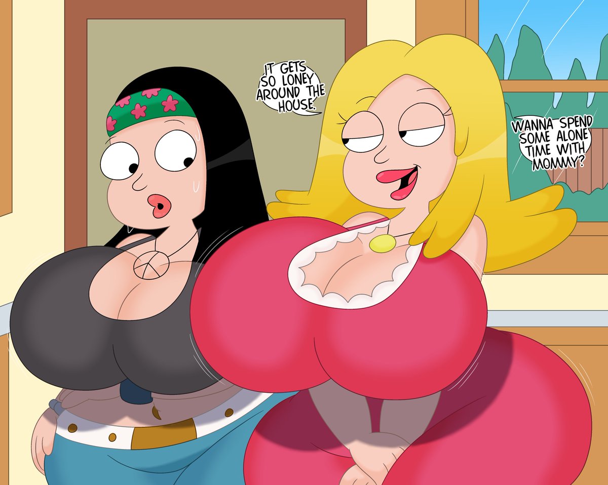 2girls, 3barts, american dad, big breasts, breasts, female, francine smith, hayley smith, midriff, mother and daughter, mother and daughter (lore), necklace, piercing, text, wide hips