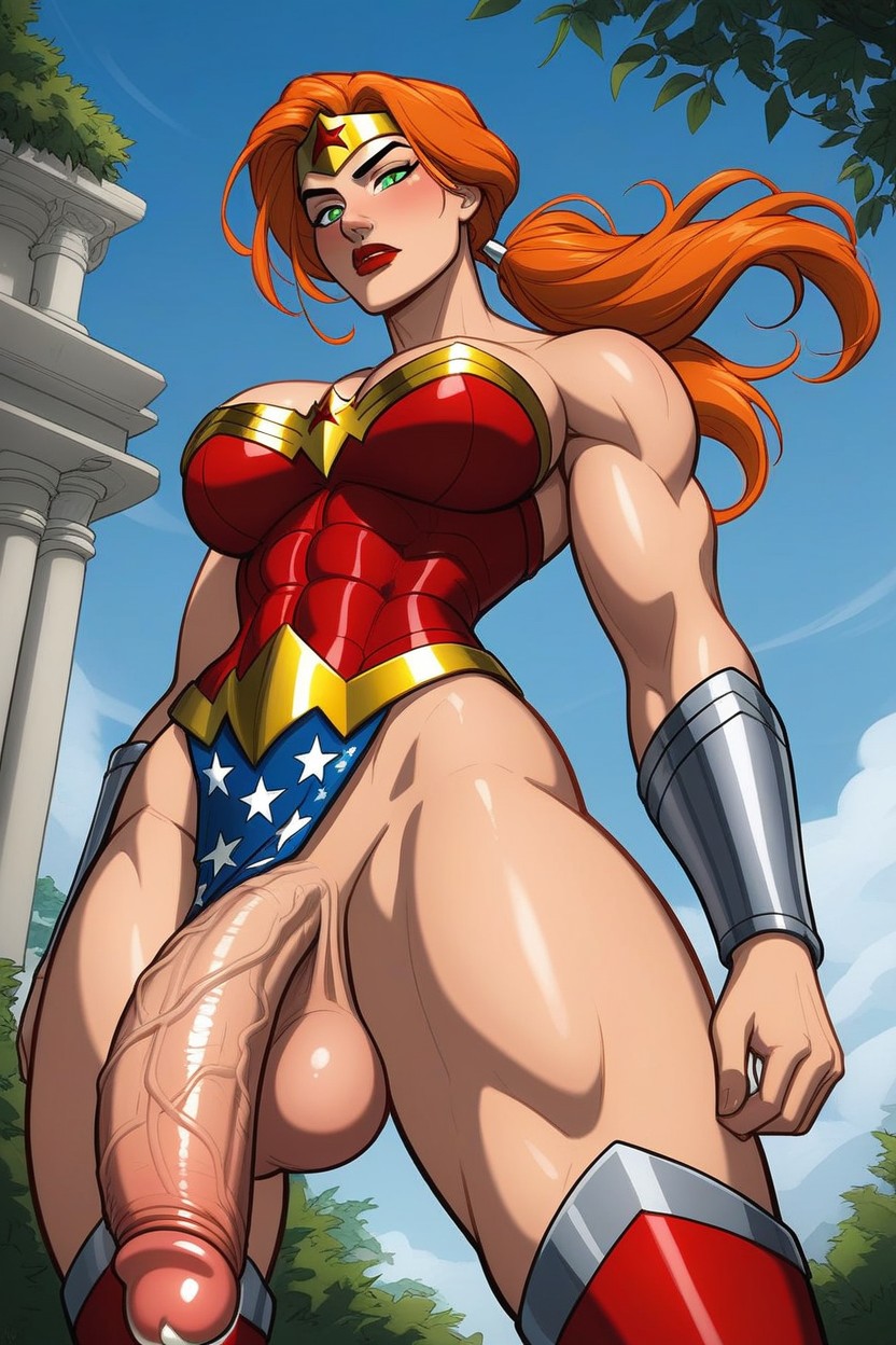 2d ai_generated arm_guards armguard artemis_of_bana-mighdall dc dc_comics futanari ginger ginger_hair greek large_breasts large_penis muscular muscular_futanari orange_hair ponytail thick_thighs thighs wonder_woman wonder_woman_(series)