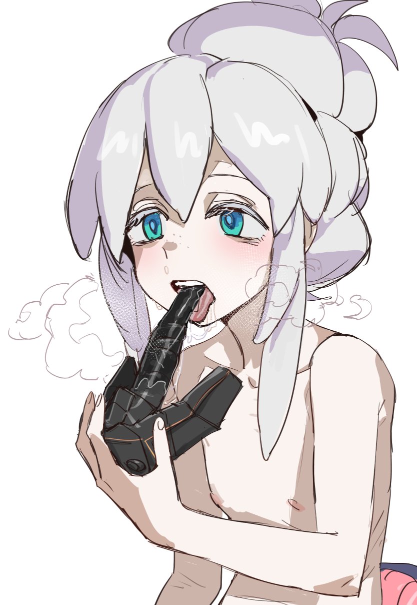 black_mask blue_eyes blush bow_(bhp) colored_eyelashes deux_murasame dildo_under_mask female freckles grey_hair gundam gundam_gquuuuuux hair_bun highres long_hair mask masked mouth_mask petite purple_pupils shoulder_blades simple_background updo white_background white_eyelashes white_hair