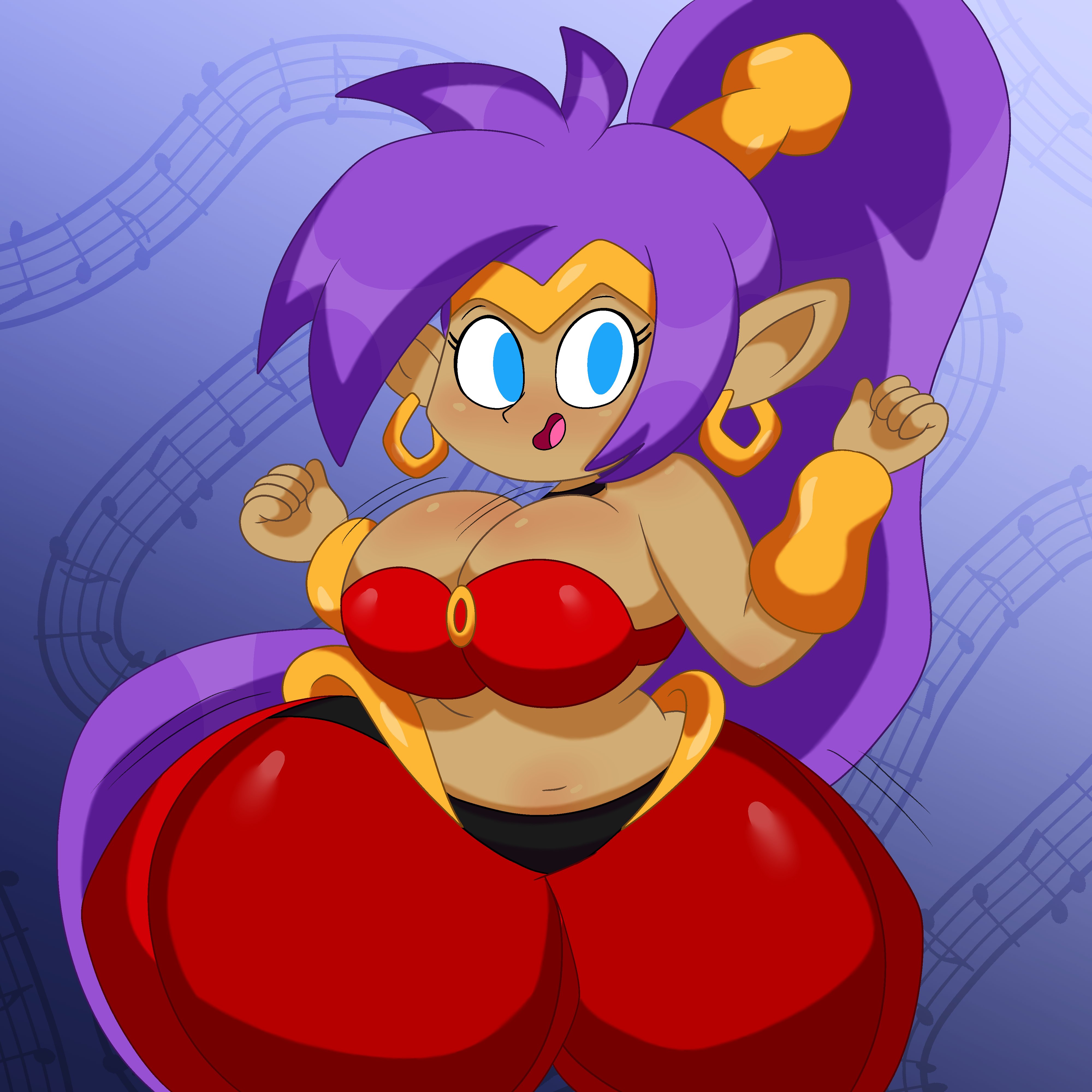 1girls, 3barts, big breasts, breasts, curvy, dancing, fat, fat female, female, female only, genie girl, midriff, pointy ears, shantae, shantae (character), simple background, solo, wayforward, wide hips