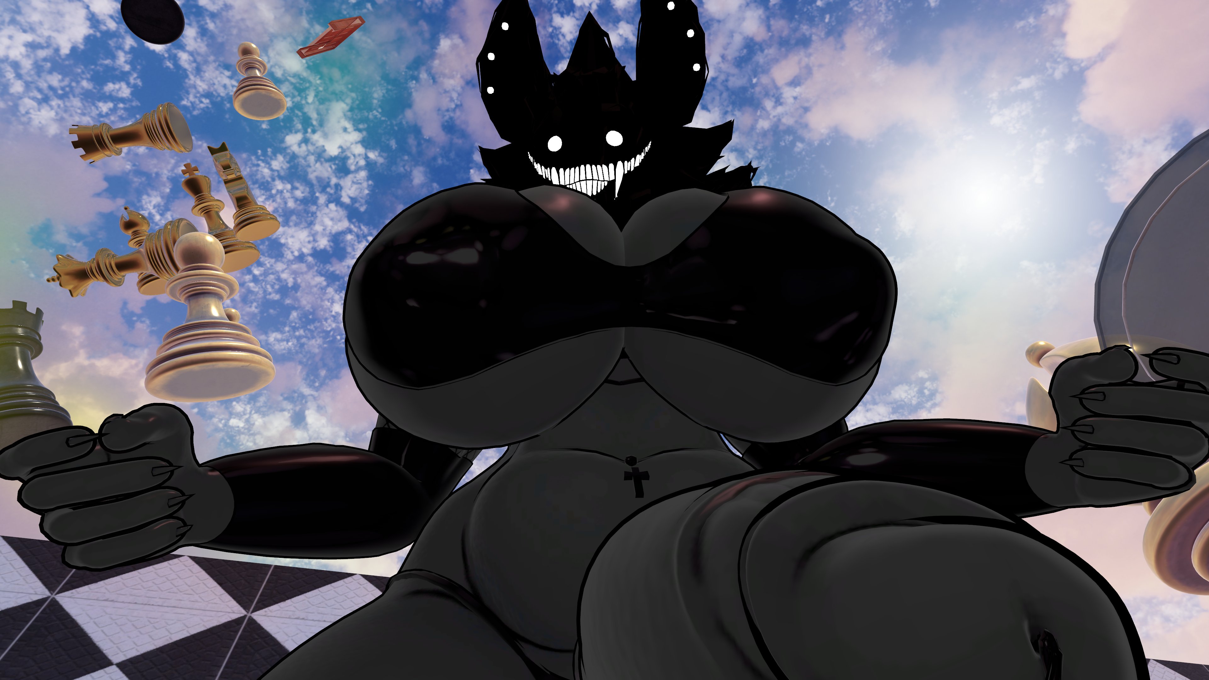 1futa, 3d, anthro, big breasts, breasts, close-up, cock, dick, ear piercing, from below, furry, futa, futa only, futanari, intersex, karelia (acerattman), karelia futanari (acerattman), looking at viewer, looking down, low-angle view, penis, piercing, pov, sloppydragons, smile, smiler (the backrooms), smiling, smiling at viewer, tagme, the backrooms, vrchat, wide hips