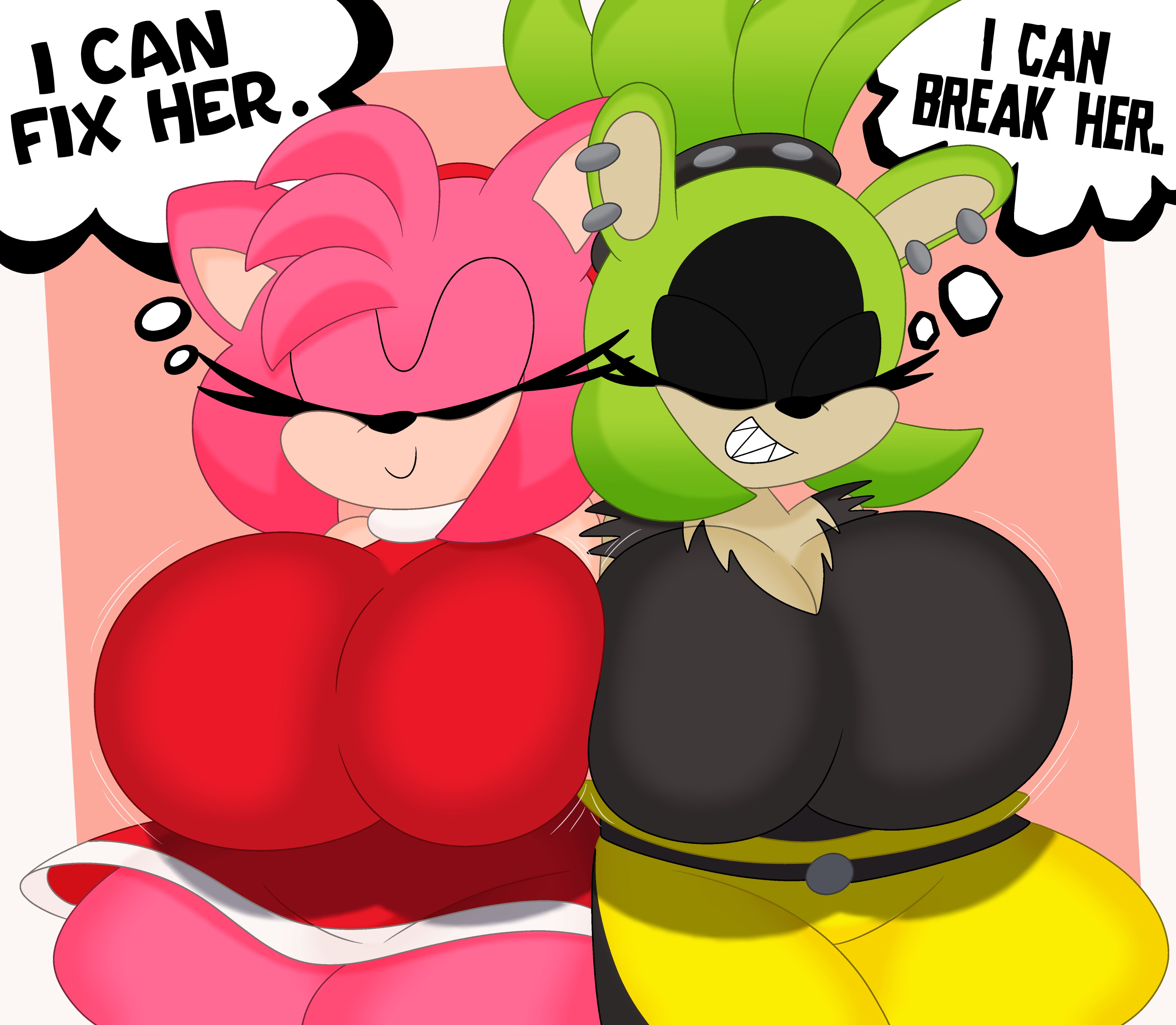 2girls, 3barts, amy rose, big breasts, breasts, cleavage, female, piercings, simple background, sonic (series), sonic the hedgehog (series), surge the tenrec, text, thinking, wide hips
