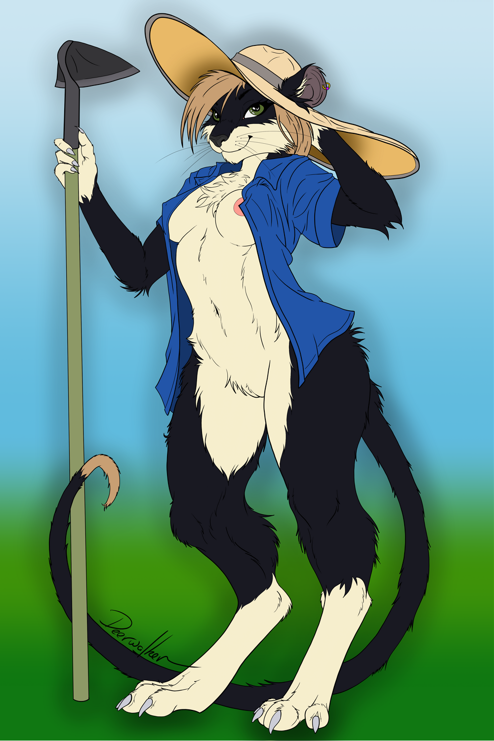 anthro belly biped blonde_hair bottomless breasts chest_tuft claws clothed clothing deerwalker digitigrade ear_piercing ear_ring female female_anthro flat_colors fluffy genitals gerbil green_eyes hair hat headgear headwear hi_res hoe humanoid_genitalia humanoid_pussy inner_ear_fluff innie_pussy line_art long_tail looking_at_viewer mammal murid navel nipples open_clothing open_shirt open_topwear piercing pubic_fuzz pussy ring_piercing rodent shirt simple_background smile smiling_at_viewer solo solo_focus sun_hat tail toe_claws tools topwear tuft whiskers