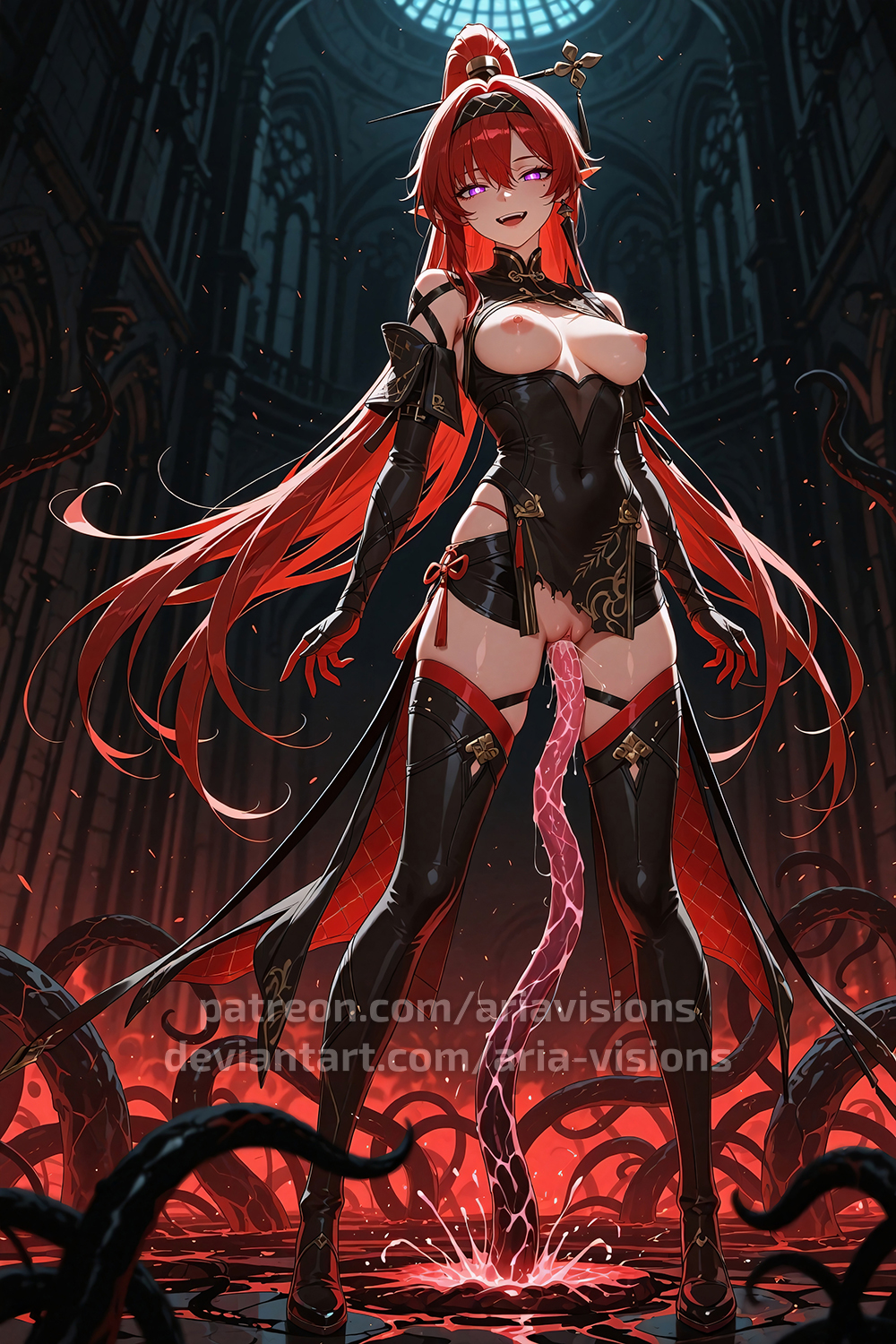 ai generated, ariavisions, black hairband, breasts, breasts out, female, full body, high ponytail, laughing, long hair, looking at viewer, nipples, open mouth, pointy ears, purple eyes, pussy, red hair, standing, tentacle, tentacle penetration, torn clothes, uncensored, vaginal penetration, wuthering waves, yinlin (wuthering waves)