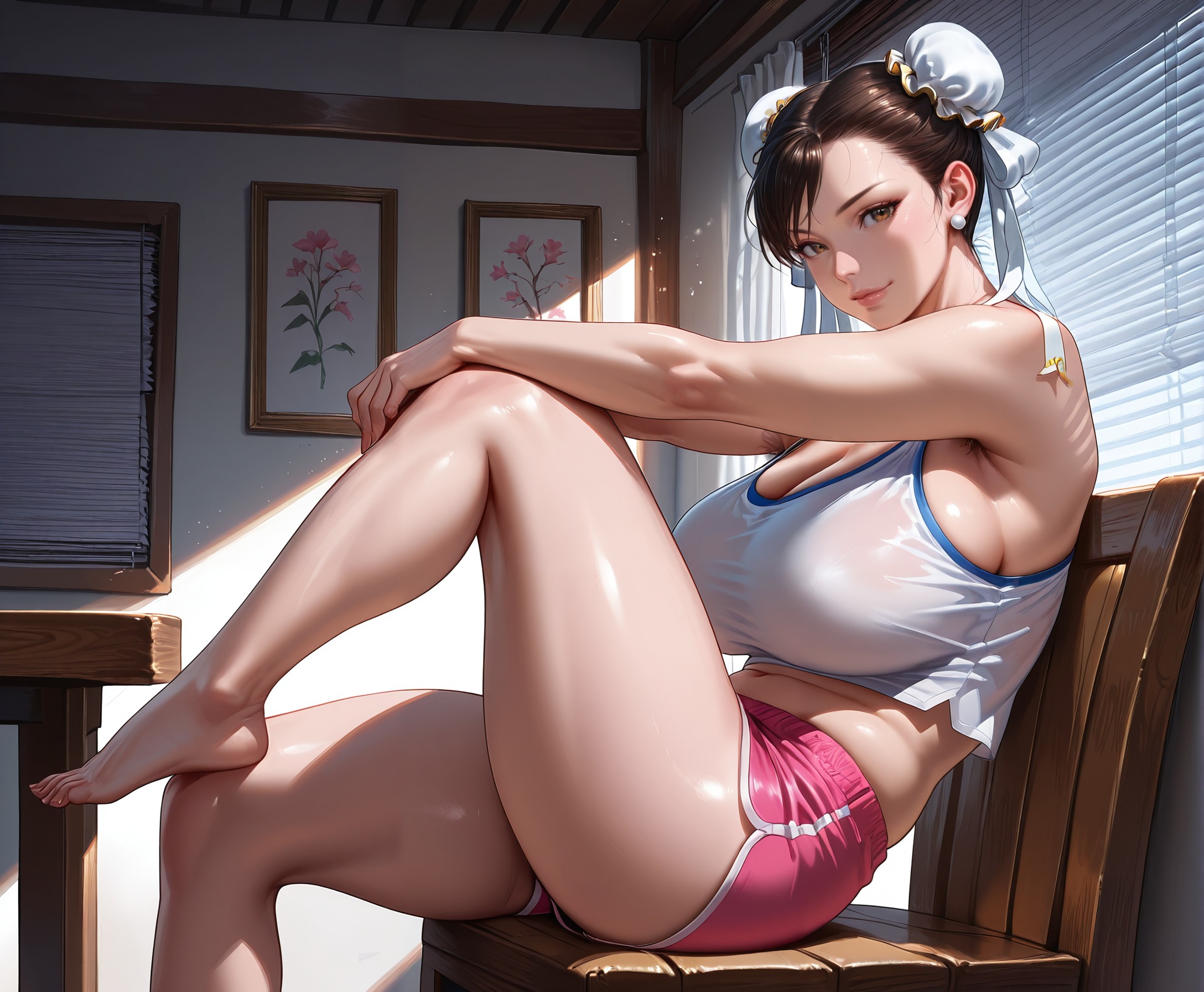 1girls, ai generated, barefoot, capcom, chun-li, cosplay, dolphin shorts, double bun, fatal fury, female, female focus, female only, hair bun, looking at viewer, mai shiranui (cosplay), pink shorts, raydavid134331, solo, street fighter, street fighter 6, thighs, white tank top