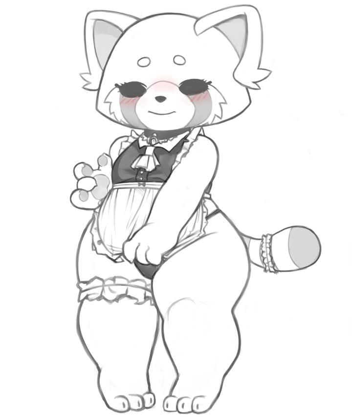 1girls, aggressive retsuko, blush, breasts, clothed, cute, echeseunpan, female, female only, furry, furry female, furry only, maid, maid uniform, monochrome, red panda, retsuko, sanrio, shortstack, slightly chubby, small breasts, solo, standing, suggestive, tail, thick thighs, underwear, visible underwear, wide hips
