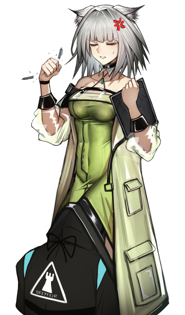 1other anger_vein angry animal_ear_fluff animal_ears arknights bare_shoulders black_jacket breasts broken cigaros clenched_teeth clipboard closed_eyes clothes_writing collarbone commentary_request covered_navel doctor_(arknights) female halterneck holding holding_clipboard hood hood_up hooded_jacket jacket kal'tsit_(arknights) long_sleeves medium_breasts off_shoulder partial_commentary pen see-through_clothes see-through_sleeves short_hair simple_background smelling standing sweatdrop teeth white_background white_hair