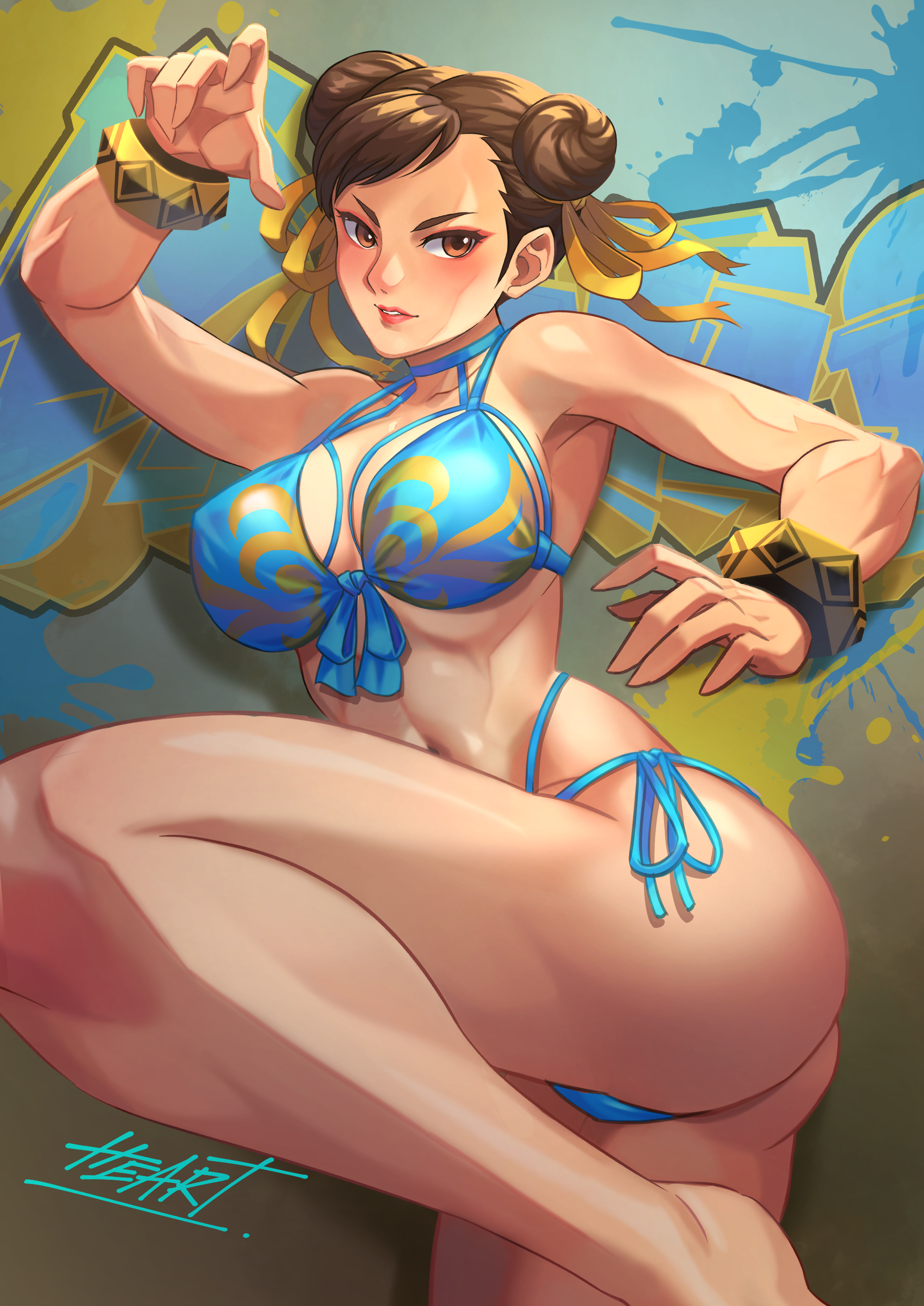 1girls, alternate costume, armpits, artist name, ass, bikini, blush, bracelet, breasts, brown eyes, brown hair, cameltoe, capcom, chun-li, female, female only, fighting stance, graffiti, hair bun, highres, jewelry, large breasts, lips, mature female, milf, one leg raised, pussy, serious, signature, street fighter, swimsuit, thighs