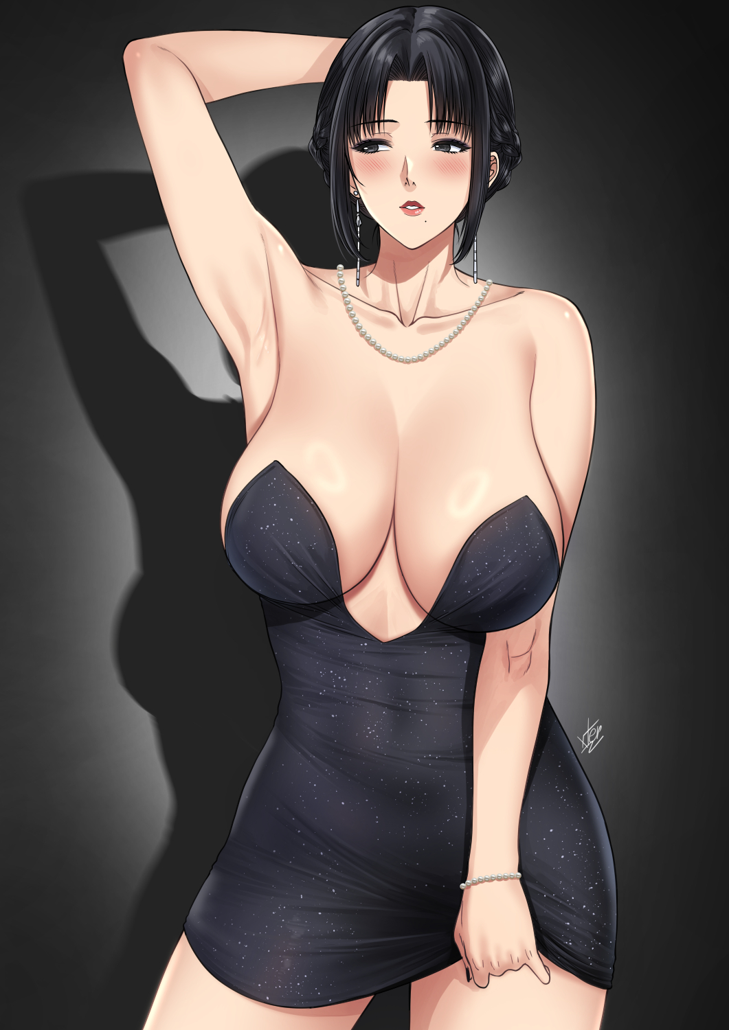 1girls, armpits, arms behind head, black background, black eyes, black hair, blush, breasts, cleavage, collar, dress, earrings, female, hair bun, highres, jewelry, large breasts, light skin, light-skinned female, lips, lipstick, looking to the side, mature female, milf, nush (xter), original, shadow, short dress, simple background, solo, solo female, standing, thick thighs, thighs, xtermination
