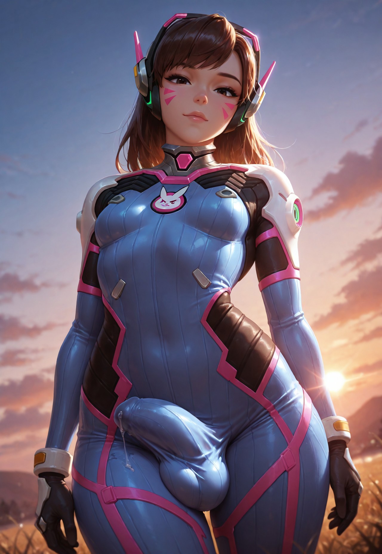 1futa, ai generated, balls, breasts, brown hair, d.va, erection, erection under clothes, futa only, futanari, intersex, jamesbron, jumpsuit, large penis, long hair, looking at viewer, low-angle view, outdoors, overwatch, penis, penis bulge, precum, precum drip, precum through clothing, small breasts, solo, solo futa, standing, sunset, tight clothing, wide hips