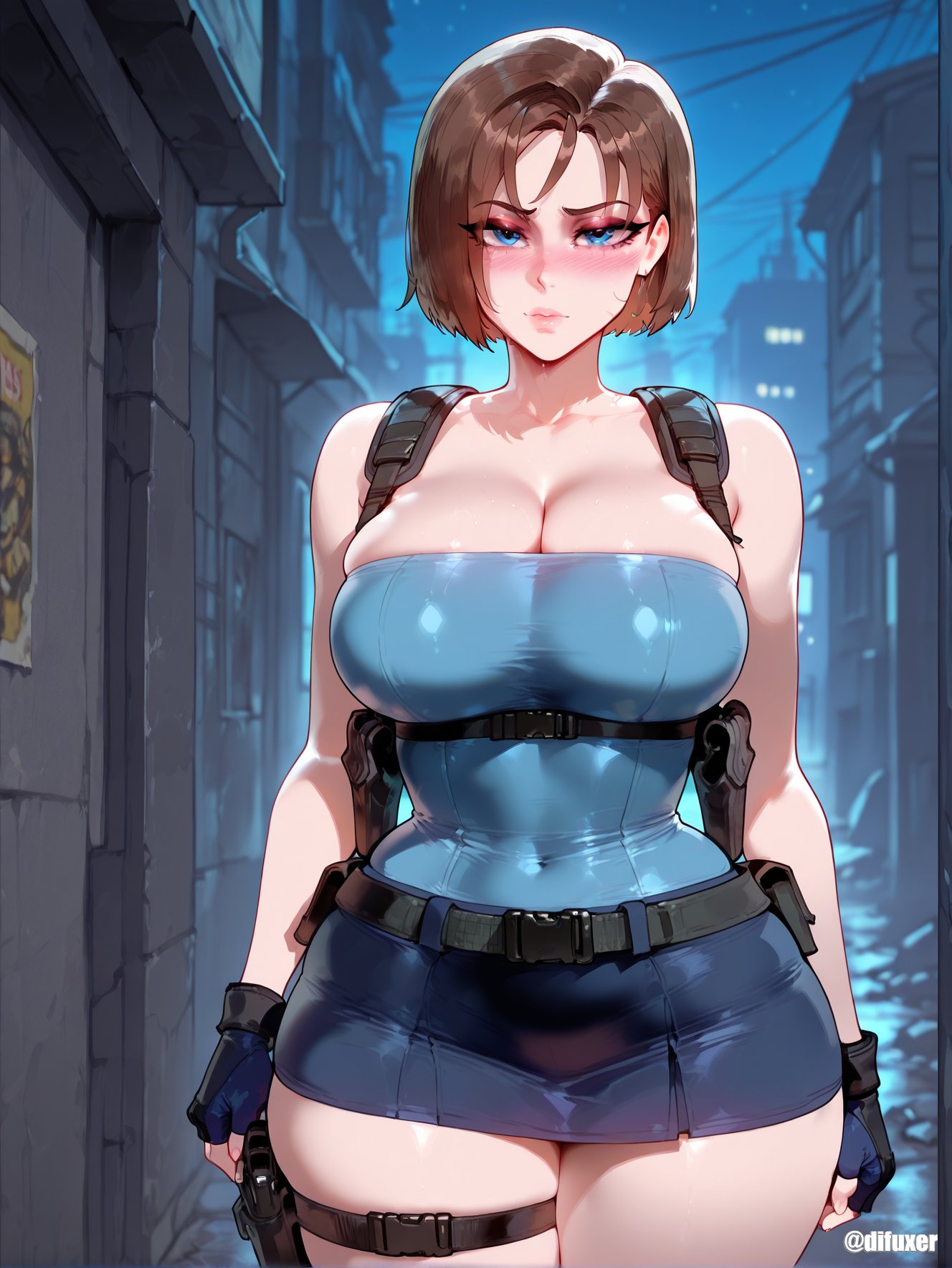 1girls, ai generated, blush, breasts, cleavage, difuxer, female, female focus, female only, jill valentine, large breasts, light skin, light-skinned female, looking at viewer, resident evil, skirt, solo, thick thighs, thighs, wide hips
