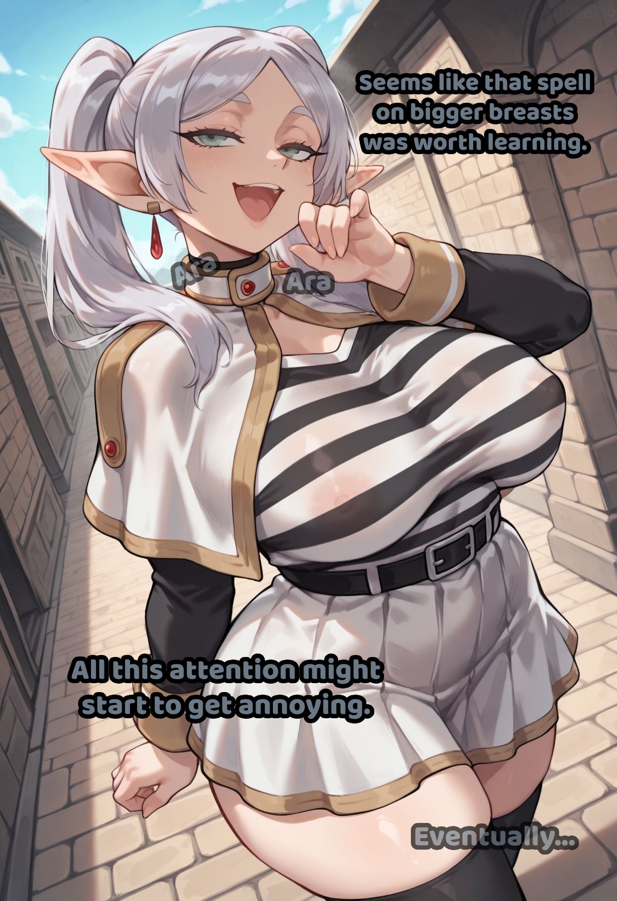 ai_generated big_breasts clothed clothing color elf elf_female english_text female female_focus female_only frieren frieren_beyond_journey's_end hi_res large_breasts light-skinned_female light_skin long_hair luckypathai nipple_bulge nipples_visible_through_clothing solo solo_female sousou_no_frieren text thick_thighs white_hair