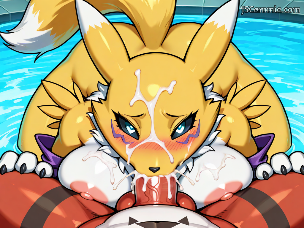 1boy 1girls ai_generated animal_ears anthro anthro_on_anthro anthro_penetrated anthro_penetrating anthro_penetrating_anthro balls bath bathhouse big_balls big_breasts big_penis black_sclera blowjob blue_eyes blush breasts claws cum_drip cum_facial cum_in_mouth cum_inside cum_on_breasts cum_on_face curvy curvy_female curvy_figure deepthroat digimon digimon_(species) dinosaur excessive_cum fellatio female fox fox_girl furry furry_ears furry_female gloves guilmon heart heart-shaped_pupils irrumatio jscammie looking_at_viewer male male/female male_pov oral oral_sex penis pov pov_blowjob pov_eye_contact red_skin renamon reptile water yellow_body yellow_fur