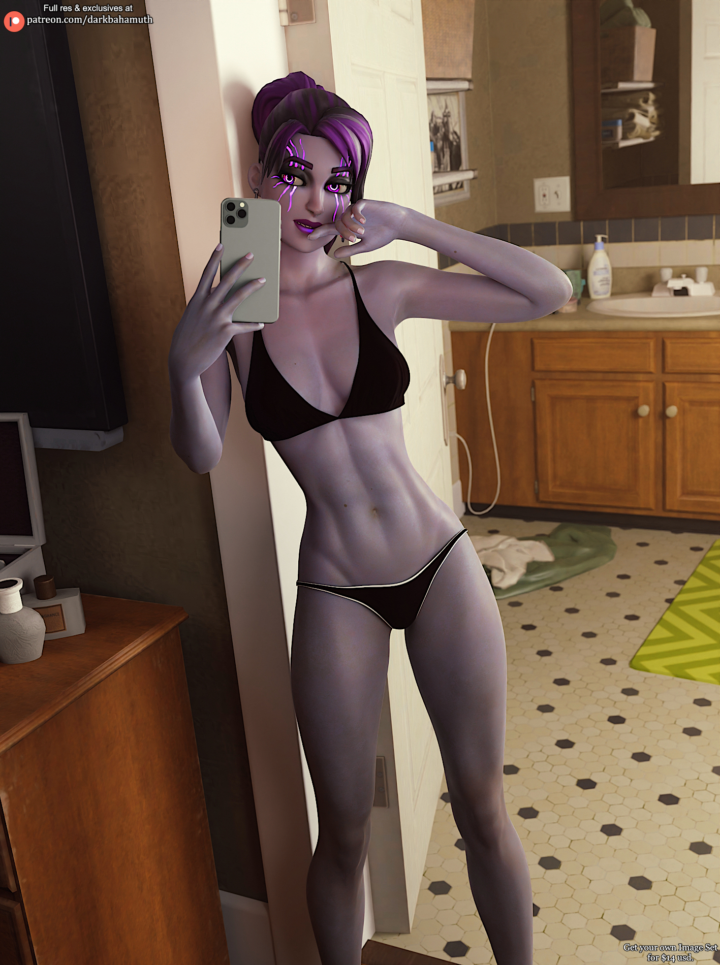 3d, 3d (artwork), abs, belly, bra, darkbahamuth, female, fit, fit female, fitness, fortnite, midriff, mirror selfie, nightsurf bomber, panties, pinup, selfie, tummy, underwear