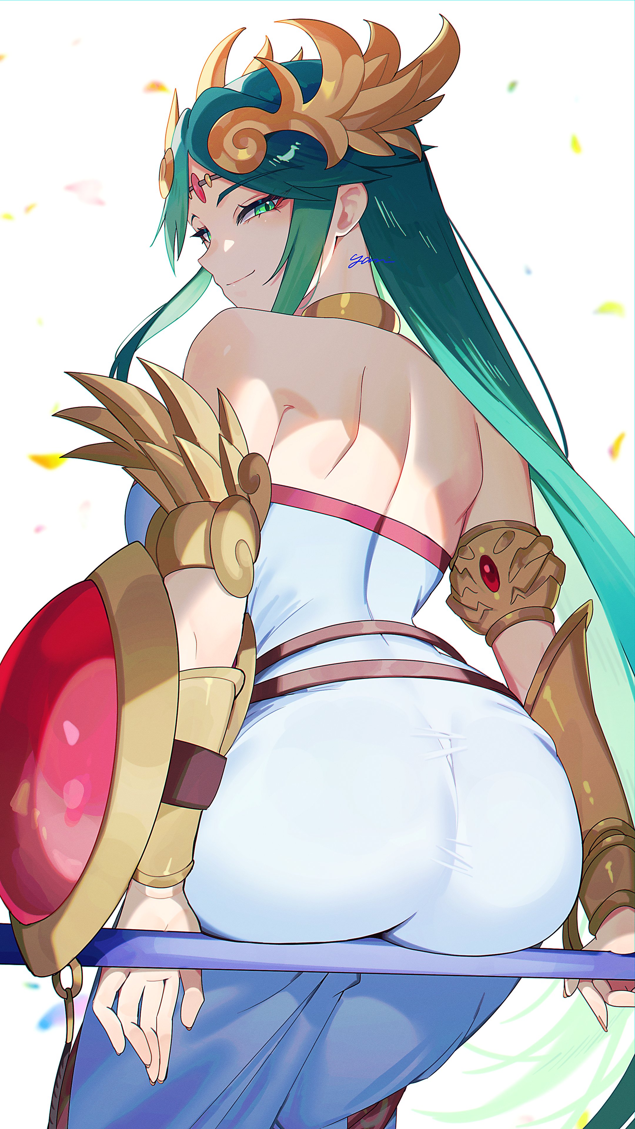 1girls, absurdres, ancient greek clothes, armlet, artist name, ass, back, bare shoulders, breasts, chiton, circlet, closed mouth, dress, female, forehead jewel, from behind, gold, greco-roman clothes, green eyes, green hair, highres, holding, holding staff, jewelry, kid icarus, kid icarus uprising, long hair, looking at viewer, median furrow, neck ring, nintendo, palutena, parted bangs, shield, shoulder blades, signature, simple background, smile, solo, staff, strapless, strapless dress, super smash bros., tiara, vambraces, very long hair, white background, white dress, yasaikakiage