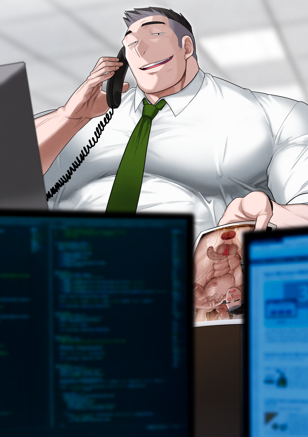 1boy absol_(dkqthf) bara beefy big_breasts black_eyes black_hair blurry_background blurry_foreground breast_bigger_than_head broad_shoulders ceiling computer computer_monitor daddy depth_of_field dilf erect_nipples gay half-closed_eyes hi_res holding_object huge_breasts hunk indoors light_skin looking_at_viewer male male_breasts male_only manly maou_abusorun mature_male muscles muscular muscular_male narrowed_eyes necktie nipples_visible_through_clothing off_screen_character office office_clothing oppai original original_character pale_skin pecs photo sanpaku short_hair sitting small_pupils smirk spiky_hair talking_on_phone thick_eyebrows tough_guy white_shirt yaoi