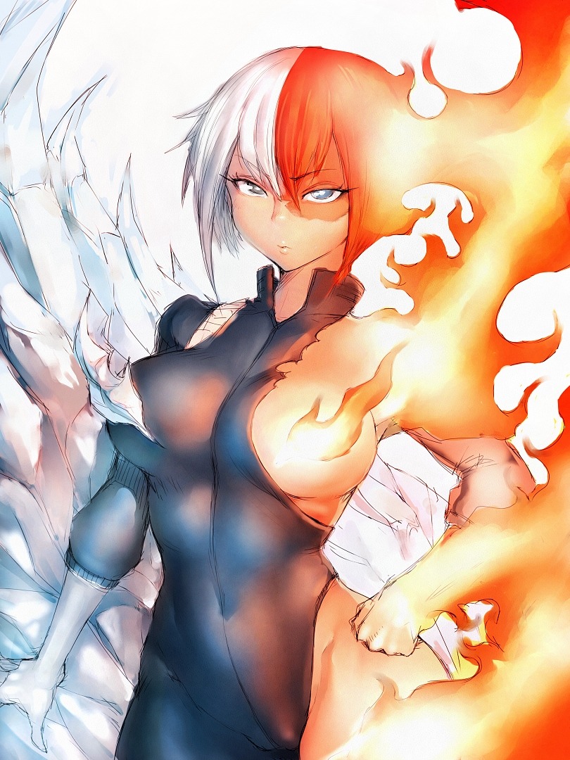 1girls, big breasts, bodysuit, breasts, convenient censoring, female, female human, female only, female todoroki, fumio (rsqkr), hand on hips, hero outfit (mha), human, large breasts, light skin, light-skinned female, looking at viewer, my hero academia, parted lips, rule 63, shouto todoroki, slim waist, solo, superhero costume, superheroine, torn clothes, voluptuous, wide hips