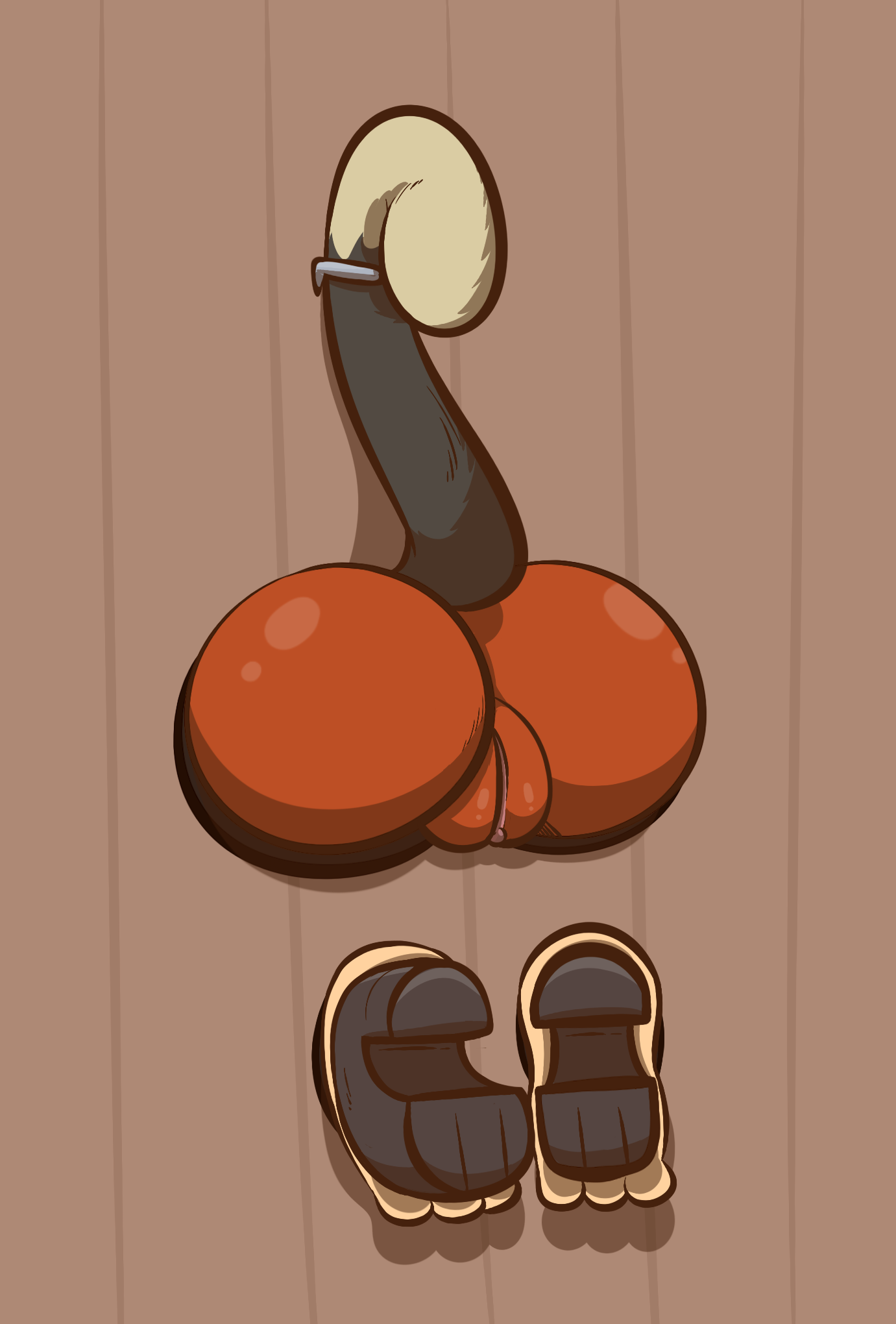 1-upclock, animal humanoid, anthro, ass, blazblue, bondage, boots, bound, cat humanoid, clothed, clothing, dark skin, dark-skinned female, exhibitionism, feet, feline, female, footwear, high heels, humanoid, mammal, presenting, presenting hindquarters, presenting pussy, public use, pussy, shoes, simple background, solo, stuck in wall, taokaka, through wall, video games