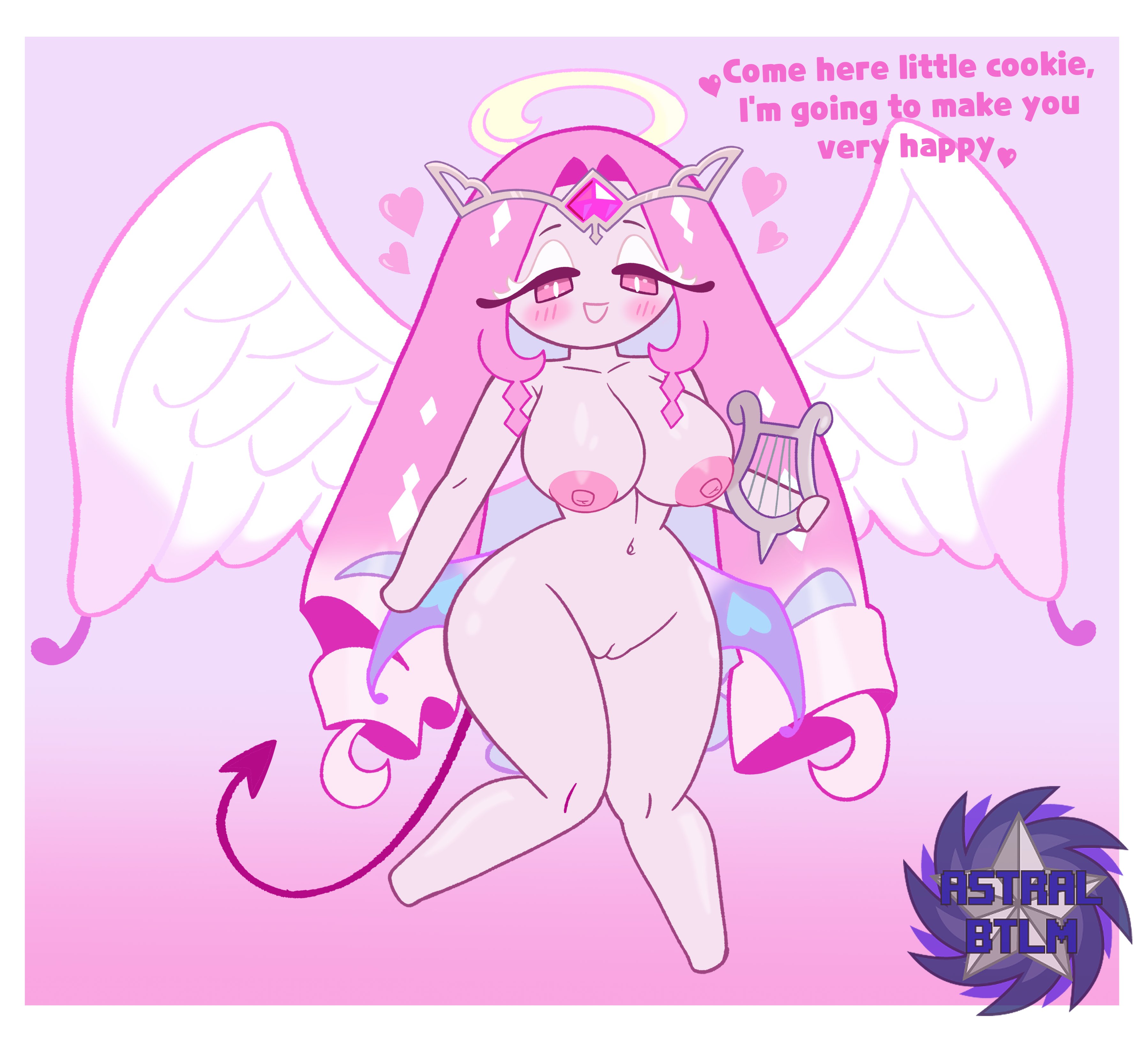 1girls, 2025, angel, angel wings, artist logo, artist name, ass, astralbtlm, barefoot, big ass, big breasts, breasts, completely nude, cookie run, cookie run kingdom, demon tail, dialogue, english, english dialogue, english text, eternal sugar cookie, female, female focus, female only, full body, half angel, half demon, halo, harp, heart, heart symbol, hearts around head, naked, naked female, nude, nude female, pink body, pink hair, pink skin, pink-haired female, pink-skinned female, solo, solo female, solo focus, talking to viewer, text, thick thighs, thighs
