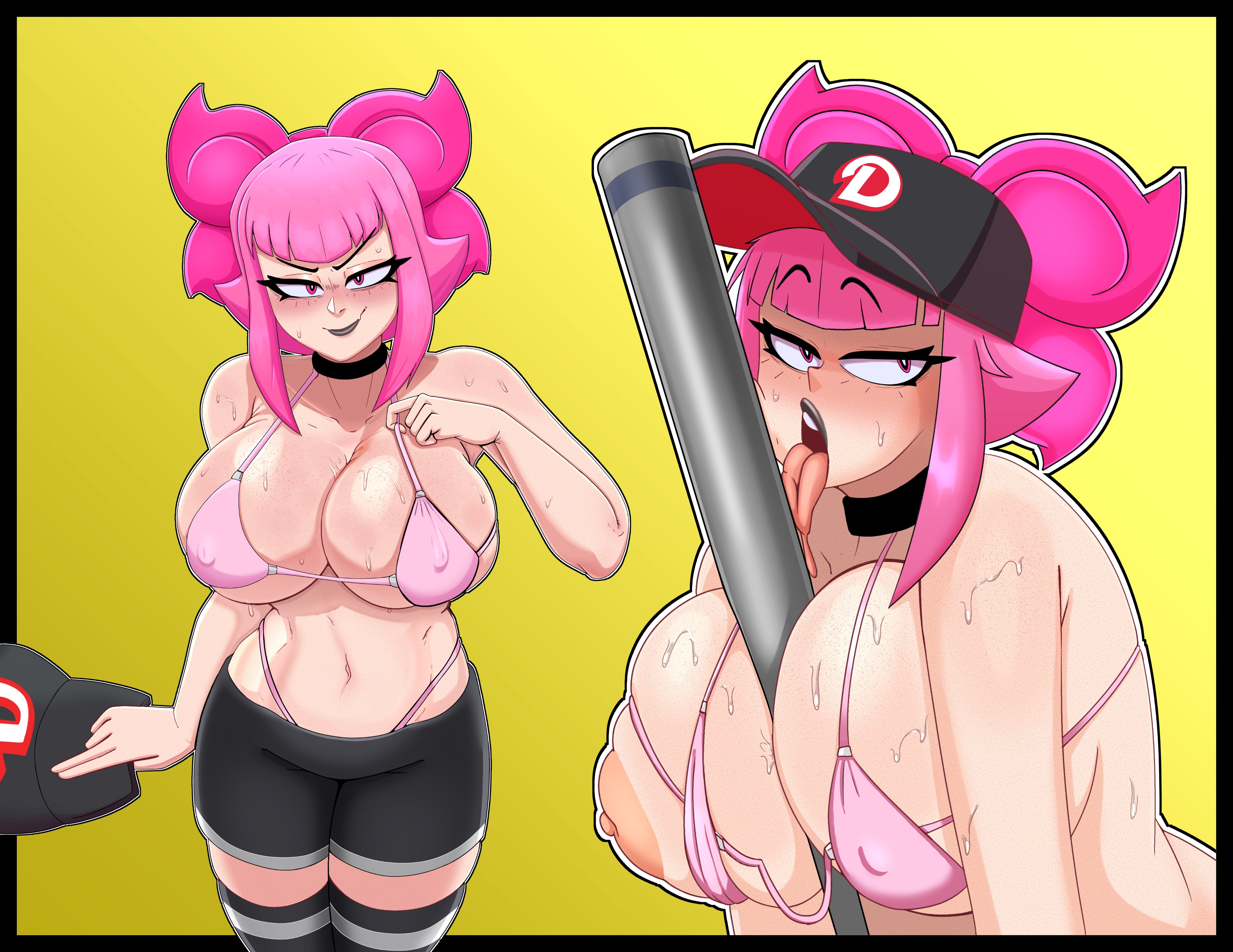 1girls, baseball bat, bat, big breasts, bikini, black lipstick, bow, brawl stars, breasts, ceo of lizards, choker, eyebrows visible through hair, female, female focus, female only, licking, light skin, light-skinned female, melodie (brawl stars), panties, pink bikini, pink eyes, pink hair, pink panties, solo, solo female, solo focus, stockings, sweat, sweaty body, sweaty breasts, tongue, tongue out, yellow background