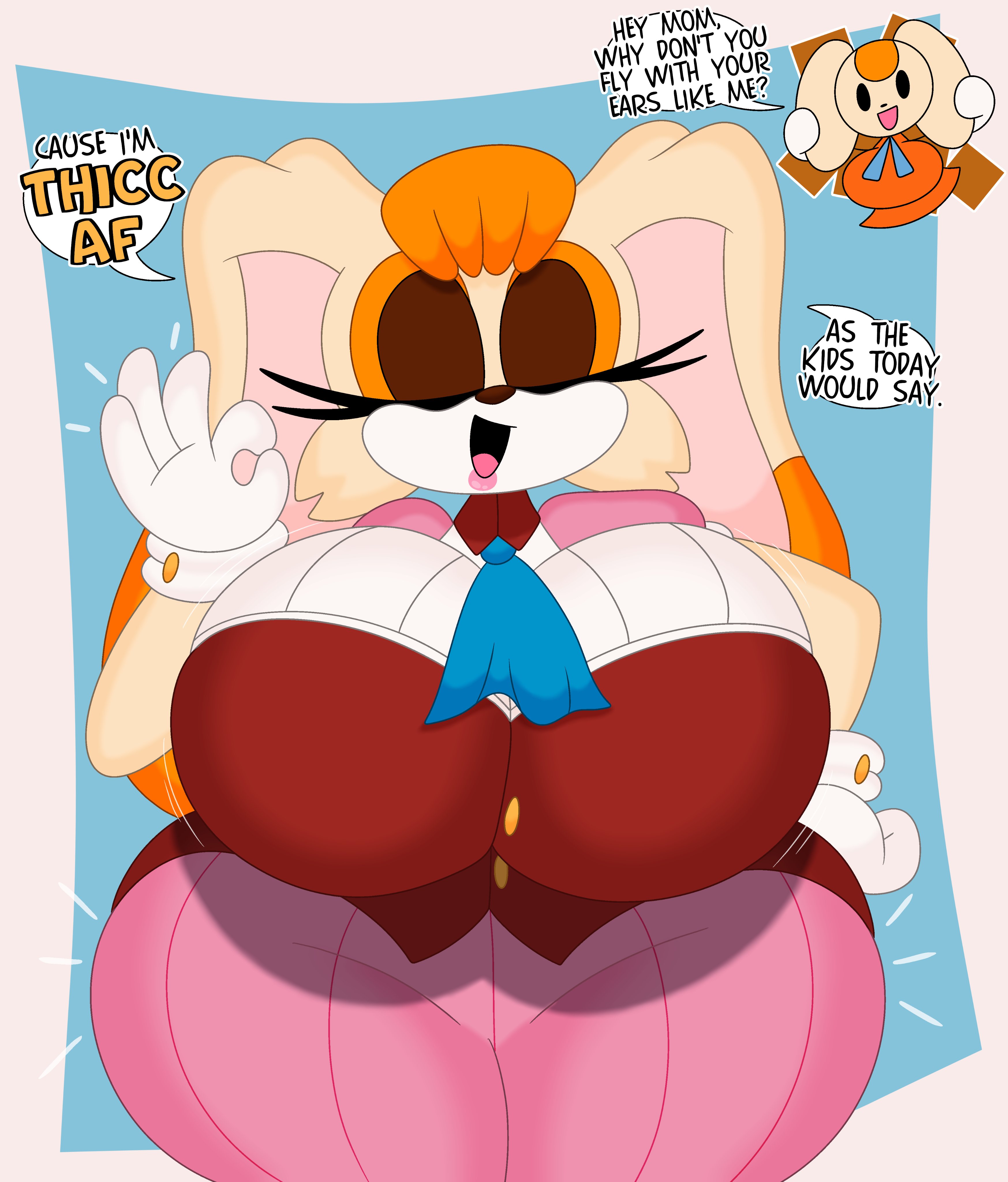 3barts, big breasts, blush, breasts, cream the rabbit, female, ripped clothing, simple background, sonic (series), sonic the hedgehog (series), text, vanilla the rabbit, wide hips