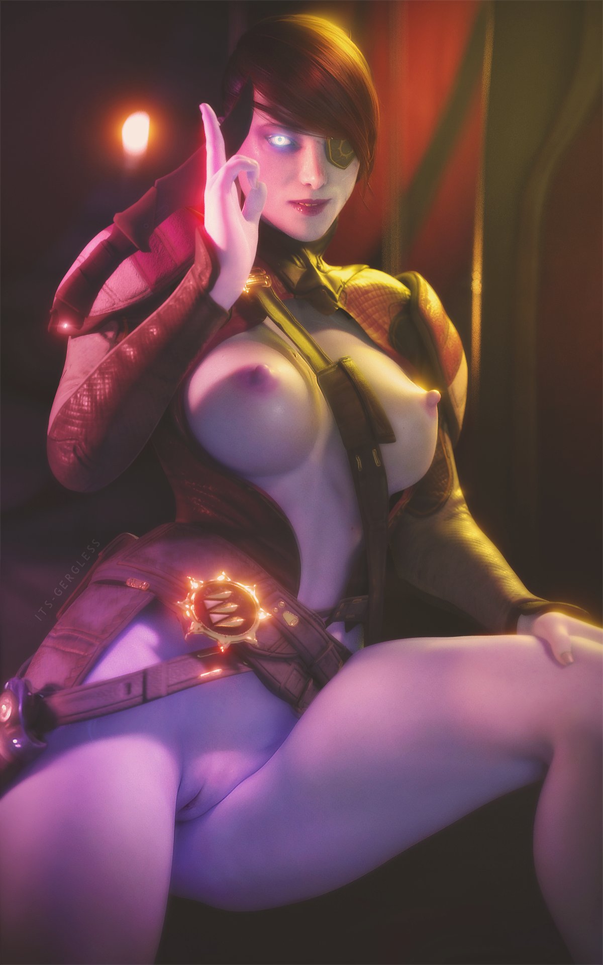 1girls 3d 3d_(artwork) awoken big_breasts blue_eyes breasts bungie destiny_(game) destiny_2 eye_patch eyepatch female female_only functionally_nude functionally_nude_female glowing_eyes holding_weapon its-gergless knife looking_at_viewer melee_weapon nipples nude nude_female petra_venj purple_body purple_nipples purple_skin pussy weapon