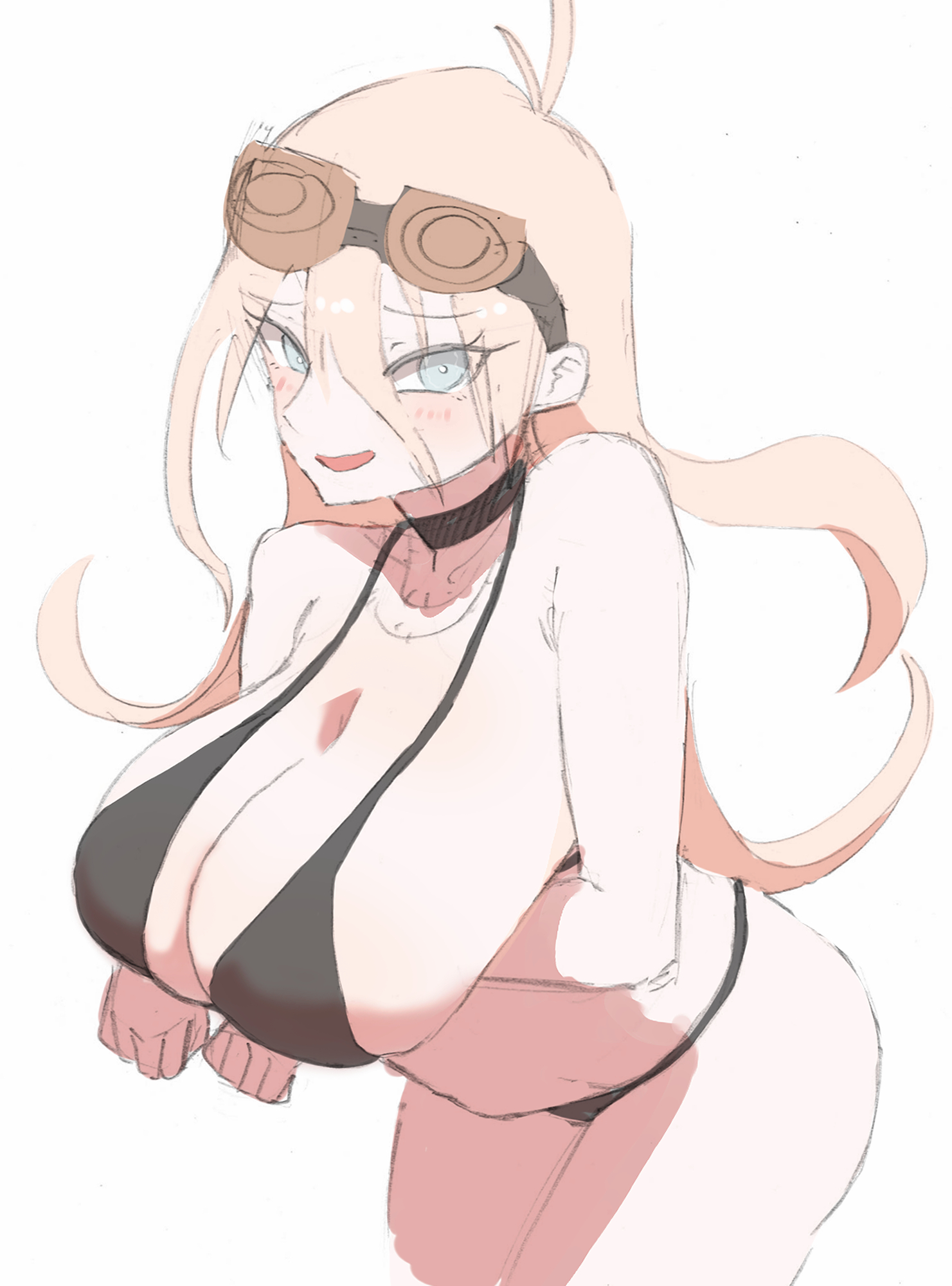 1girls, ahoge, arms under breasts, bikini, black bikini, blonde hair, blue eyes, blush, breasts, choker, dadadaeki00, danganronpa, danganronpa v3, female, female only, flaunting, goggles, goggles on head, hair between eyes, huge breasts, iruma miu, large breasts, leaning forward, long hair, looking at viewer, pasties, presenting, presenting breasts, pushing breasts up, simple background, smile, solo, swimsuit, underwear