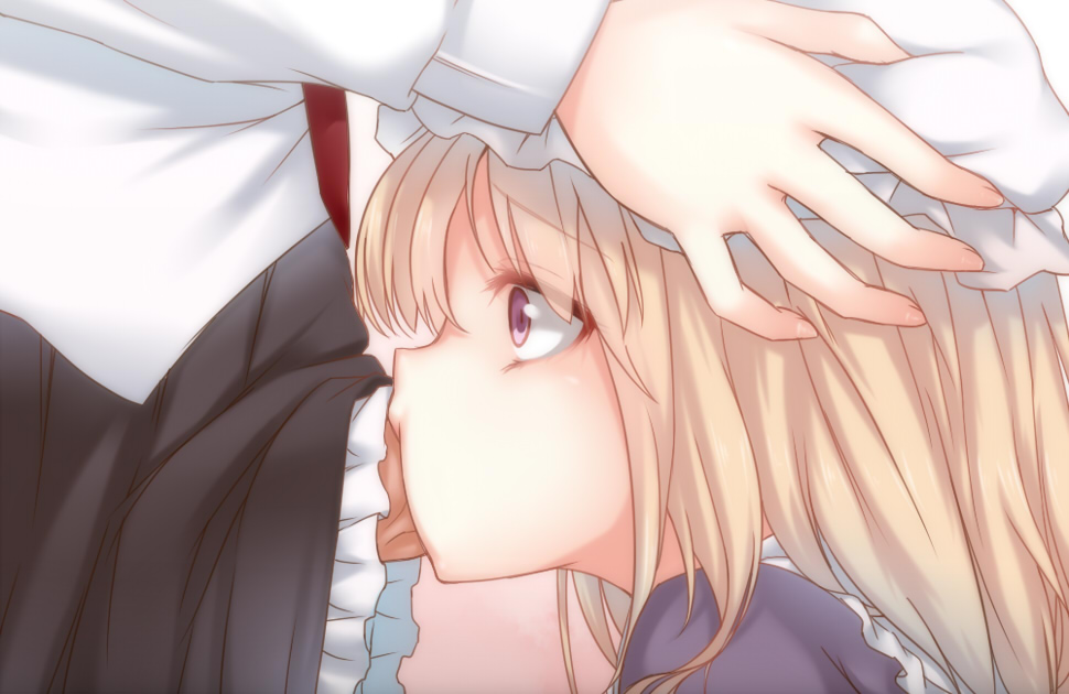 1futa 1girls bangs black_skirt blonde_hair deepthroat erection eyebrows_visible_through_hair fellatio female from_side futa_on_female futanari hand_on_another's_head hand_on_head hat head_grab intersex irrumatio long_hair long_sleeves maribel_hearn mob_cap multiple_girls oral penis profile purple_eyes renko_usami skirt tori_(minamopa) touhou white_hat