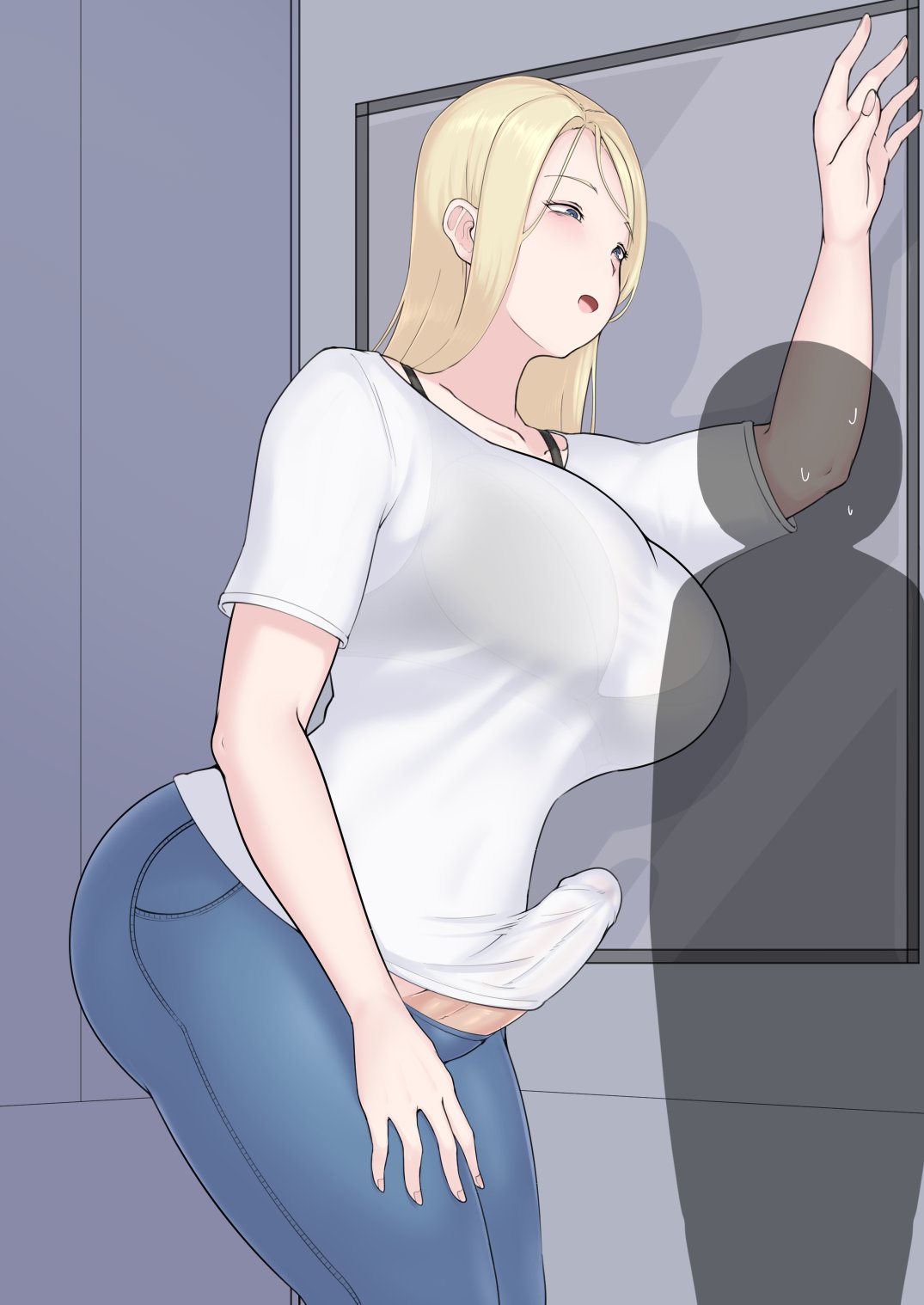 big breasts, bigger futa, black bra, blonde futa, blonde hair, blonde-haired futa, bra, breasts, clothed, clothed futa, cock, erect cock, erect penis, erection, female, futanari, goodwell, height difference, intersex, large boobs, large breasts, larger futa, male, penis, size difference, tall futa, translucent, translucent clothing